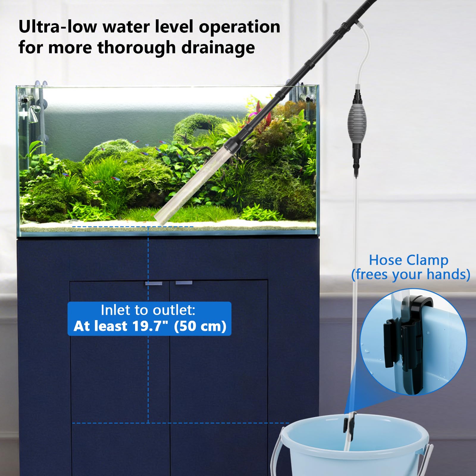 AQQA Aquarium-Siphon-Kiesreiniger, einstellbarer Durchfluss, Aquarium-Kiesreiniger, Staubsauger mit Griff, manueller Wasserwechsel und Sandwäsche (AQ193-L)