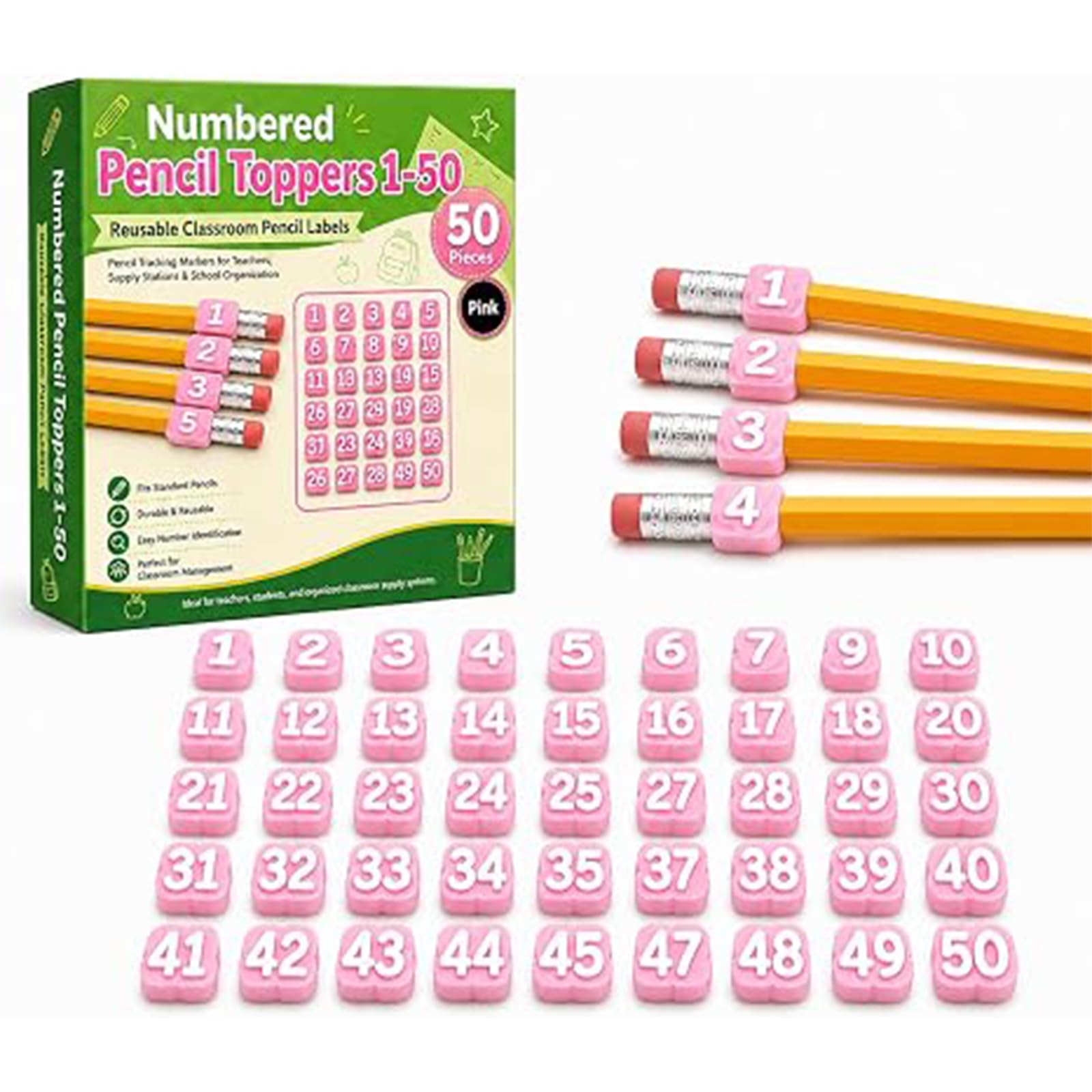 20/30/50 Pcs Numbered Pencil Toppers, Reusable Classroom Pencil Labels for Supply Tracking Station & Organization, Classroom Management Must Haves for Teachers (Pink, Number 1-50)