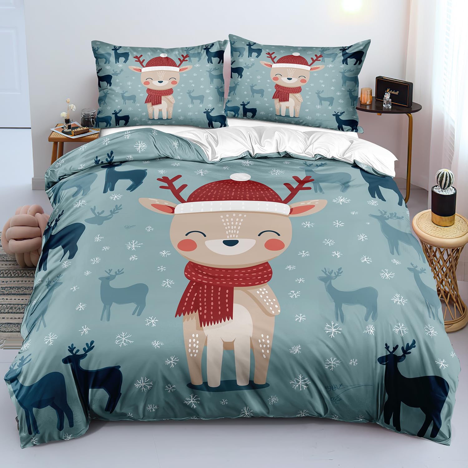 Housse de couette Noël 140x200 bleu lit enfant avec taie d'oreiller fermeture éclair