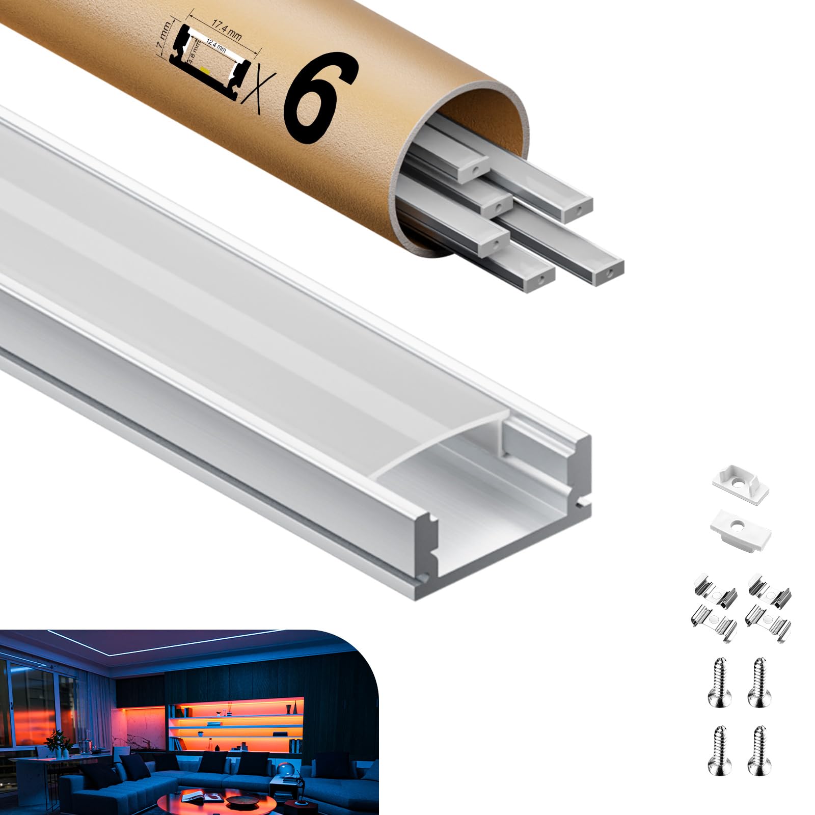 Perfil de aluminio para tiras de LED, 2 m x 6 unidades de 12 m, tamaño 17,4 mm x 7 mm, para tiras LED de menos de 12,4 mm de ancho, con accesorios de montaje