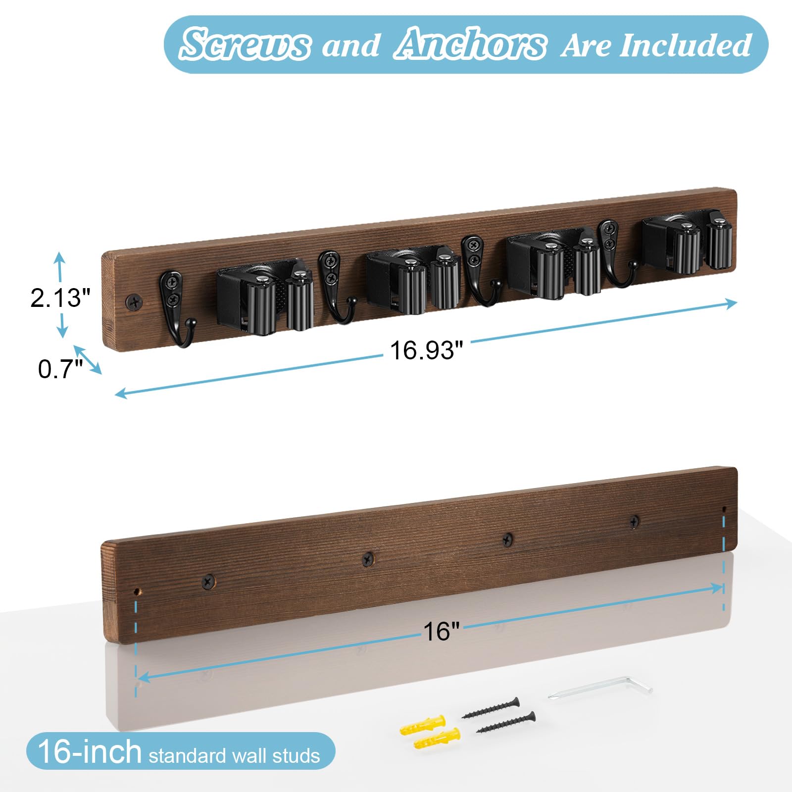 Soporte de pared para escobas, organizador de fregona y escoba de madera resistente con 4 ranuras y 4 ganchos, colgador de herramientas de jardín para lavandería, armario, cocina, garaje