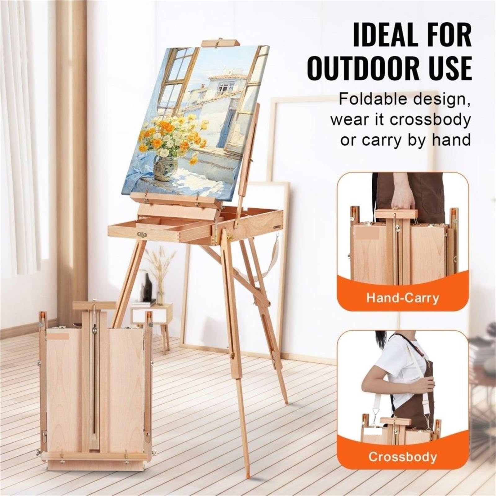 Tragbarer Malkoffer Faltbare Sketchbox-Staffelei aus Buchenholz mit Schubladendesign for Leinwände bis zu 34 Zoll