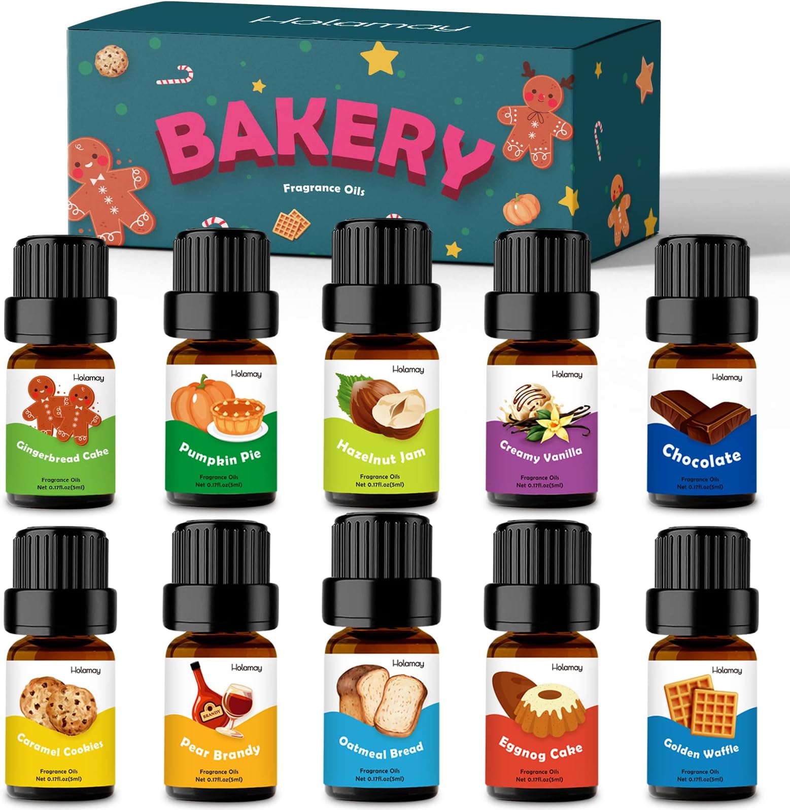 Holamay Bakery Fragrance Oils, Scented Oils for Soap & Candle Making, Aromatherapy Essential Oils for Diffuser (10 Packs of 5ml) - Creamy Vanilla, Gingerbread, Chocolate, Pumpkin Pie and More