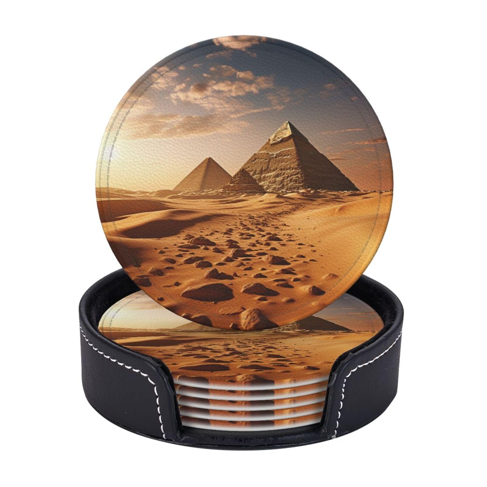 6Pcs PU Leather Coaster for Drinks, Pyramid Africa Desert Cup Coasters with Holder, Aesthetic Drink Coasters for Coffee Table, Round Coaster for Tabletop Protection 4" Cup Mat Pad