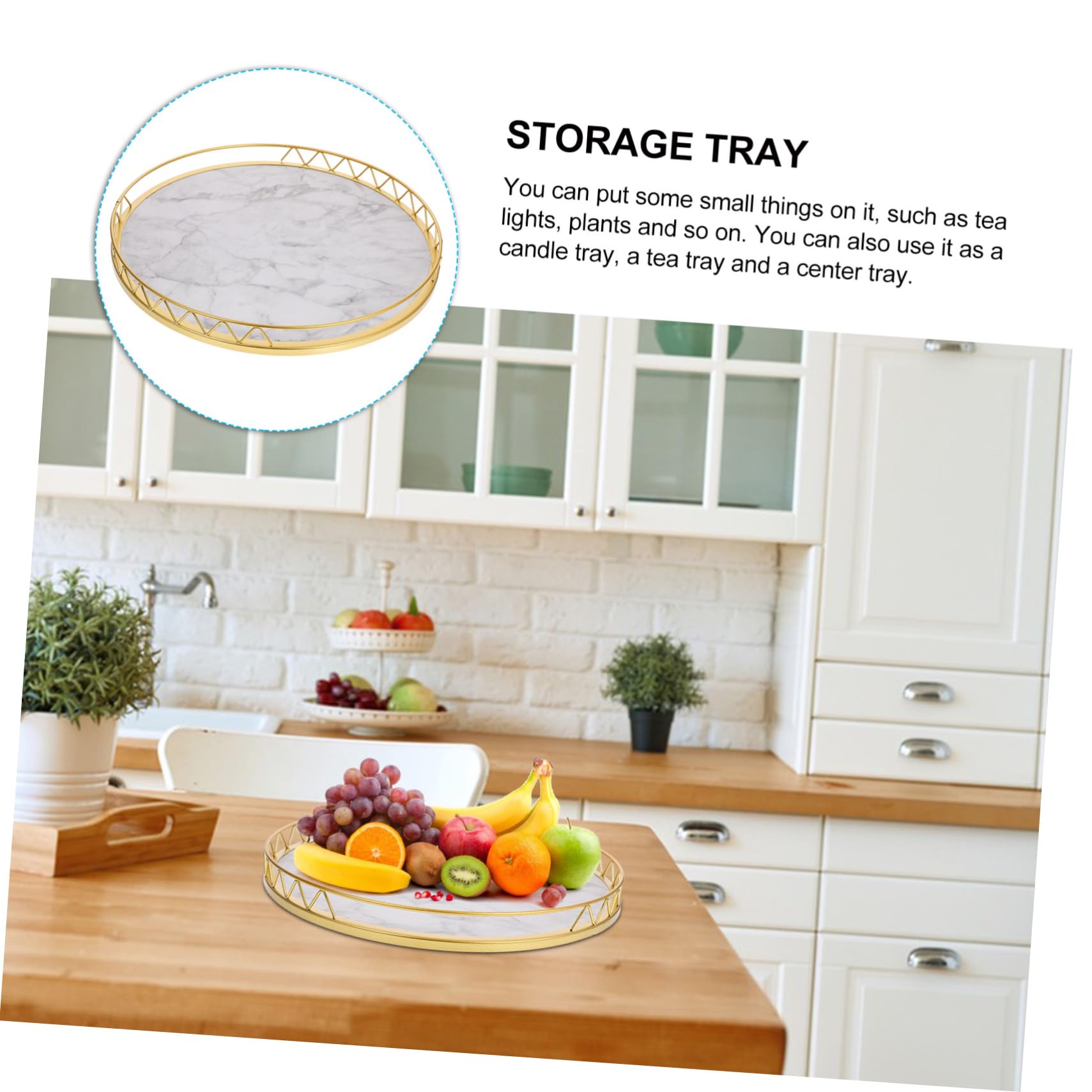 Vassoio Decorativo Rotondo in Legno e Metallo Marmo Oro | 1 Pezzo, per Frutta e Piante, Uso Domestico, Tavolo, Salotto, Ingresso