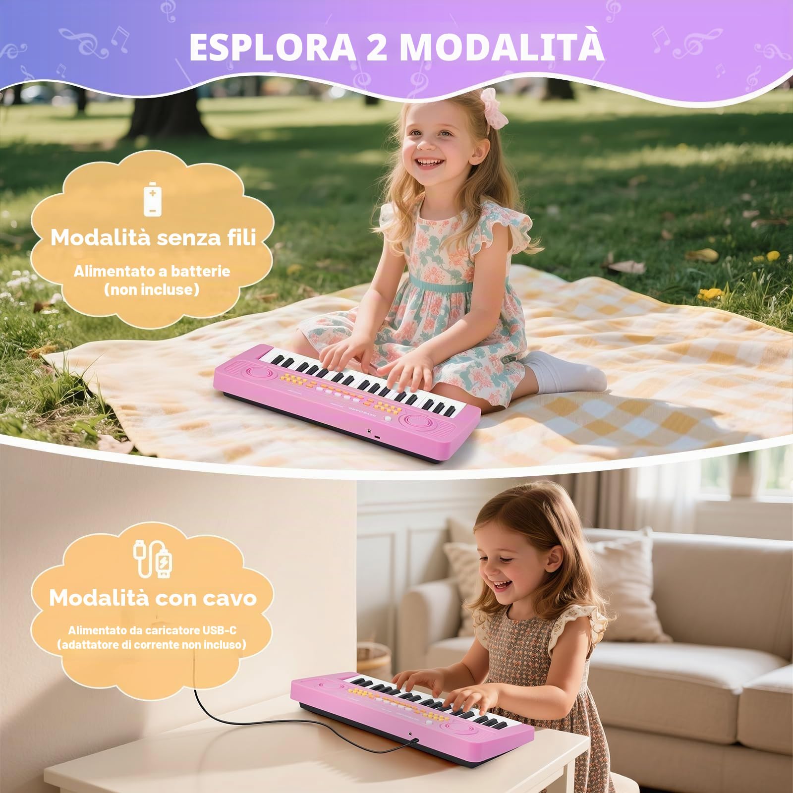 Pianola Tastiera Bambini Giocattolo Educativo con Microfono 37 Tasti Portatile Musicale Elettronica Pianoforte per Principianti Ragazzi Ragazze Regali di Compleanno e Natale di 3 4 5 6 7 Anni, Rosa