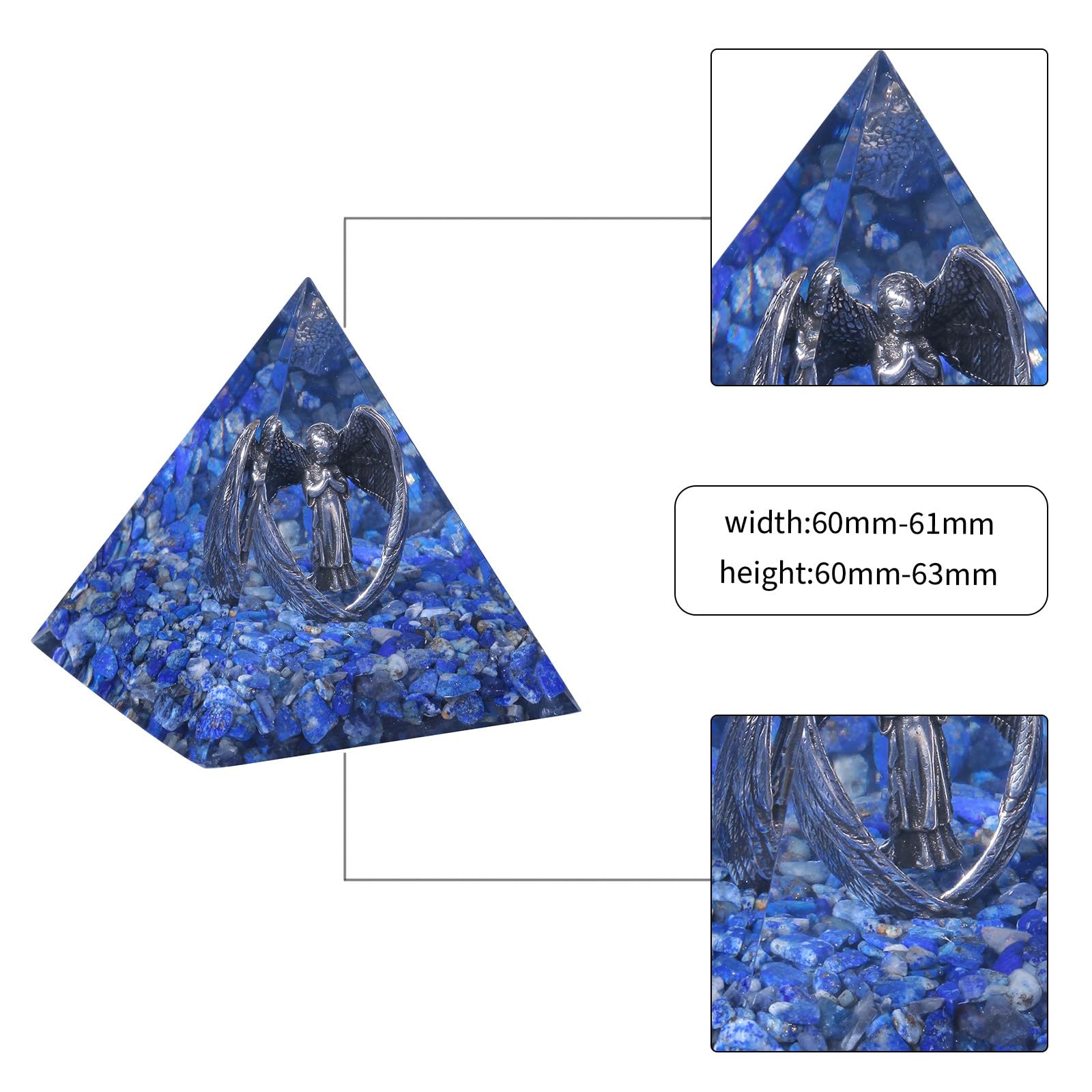 KYEYGWO Lapislazuli Kristall Pyramide Stein mit Geschnitzte Kupfer Engel Figur, Heilstein Schutzengel Pyramiden Positive Energie Pyramide Glück Friedensengel Statue Ornament für Haus Decor