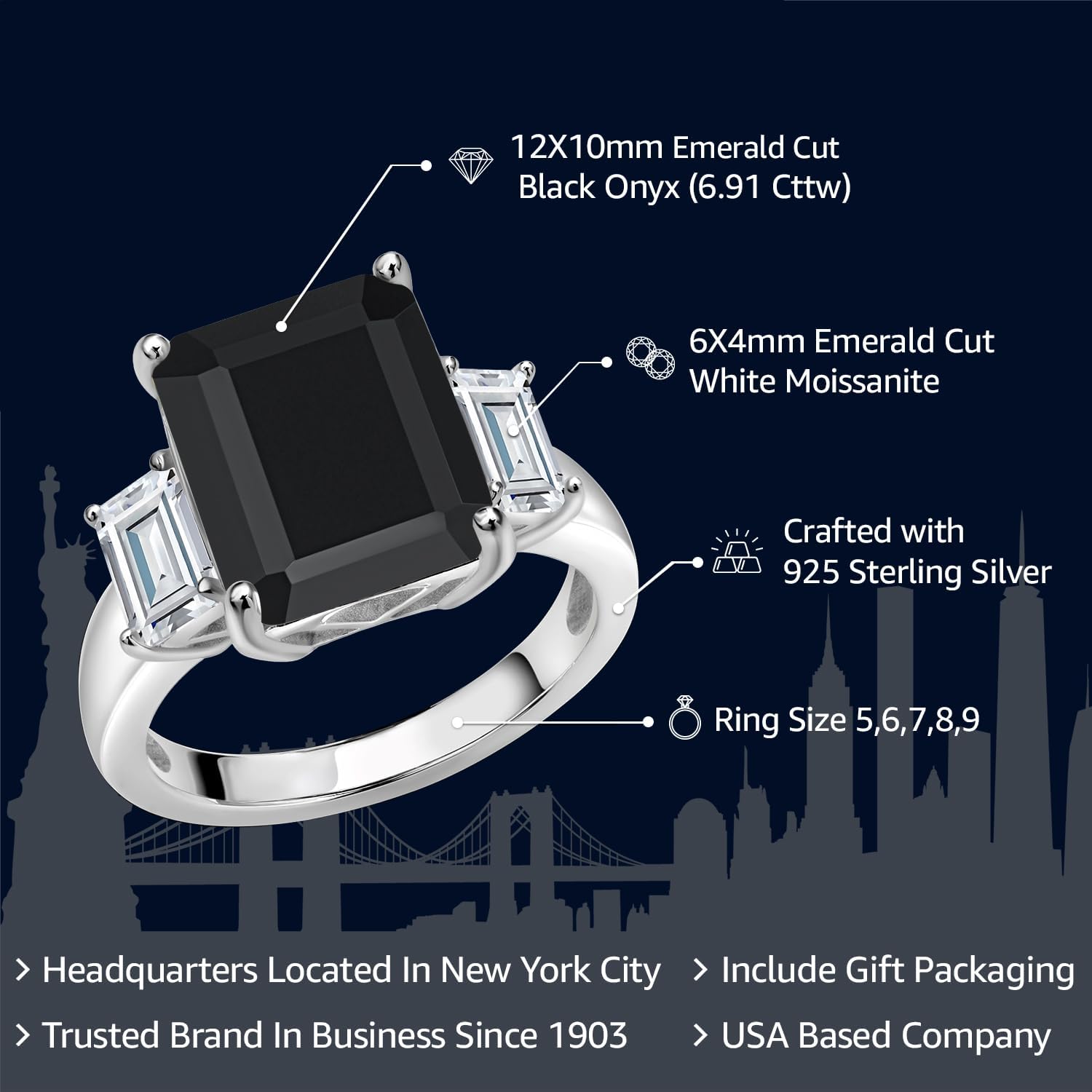 Gem Stone King 6.91 Cttw Black Onyx and White Moissanite 3-Stone Engagement Ring For Women | 925 Sterling Silver | Emerald Cut 12X10MM and 6X4MM | 3 Stone Wedding Anniversary Promise Ring
