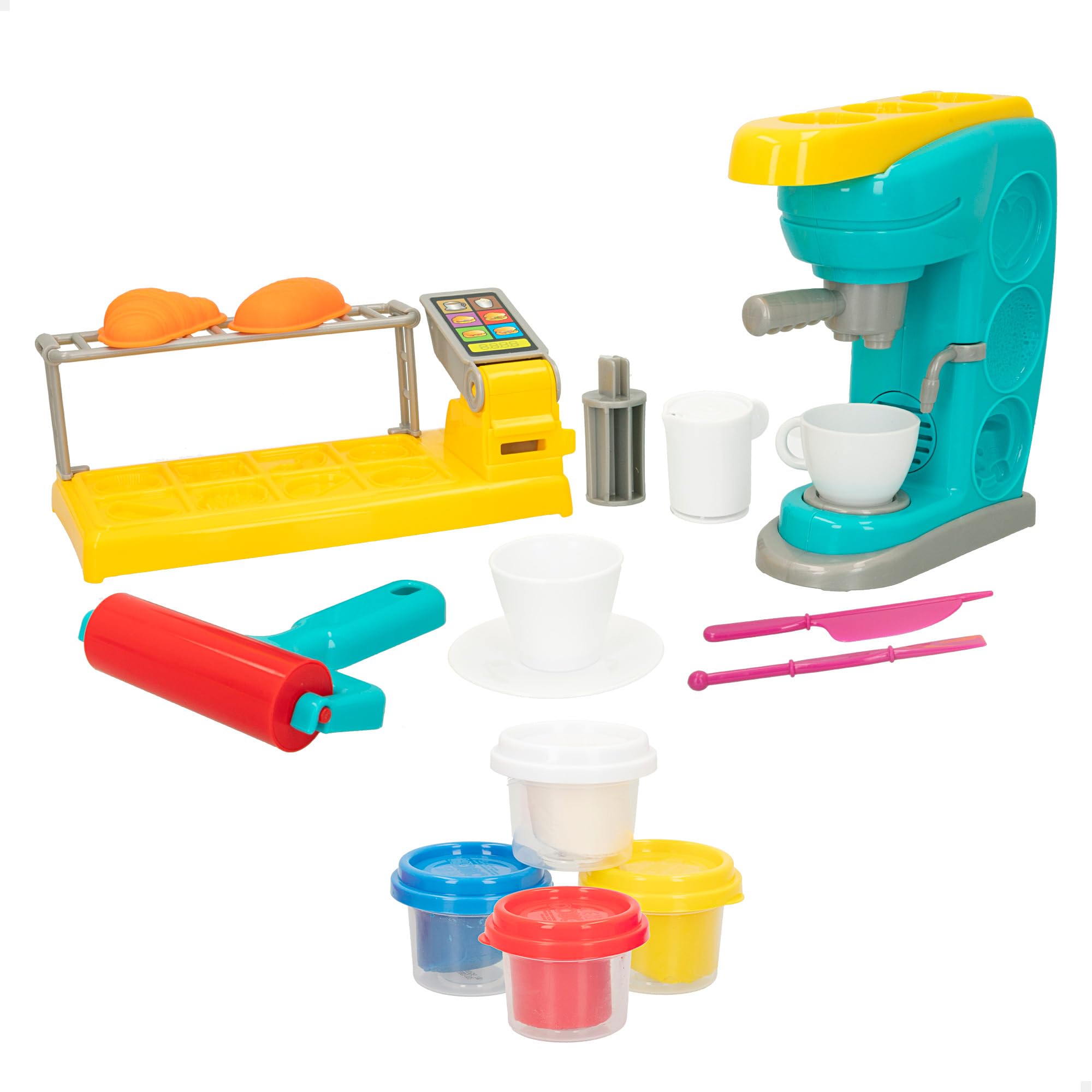 COLORBABY Play – Play Set of Plasticine, Includes Coffee Maker with Sound, Food Stand, Assorted Molds, Accessories, Roller, Soft and Toxic Free, Craft Toys (47269)