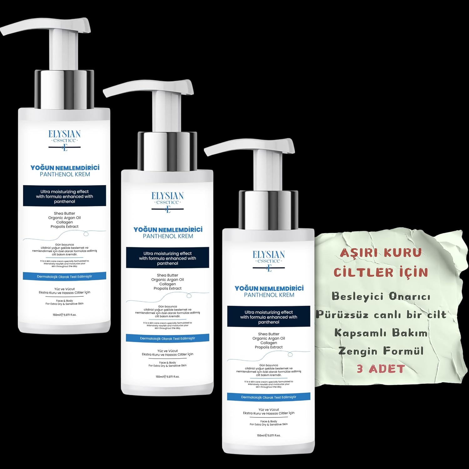 Yoğun Nemlendirici Panthenol Yüz ve Vücut Kremi 3'lü Set | Kuru ve Hassas Ciltlere 24 Saat Bakım - Organik Argan Yağı, Shea Butter Yağı, Propolis ve Collagen İçerikli