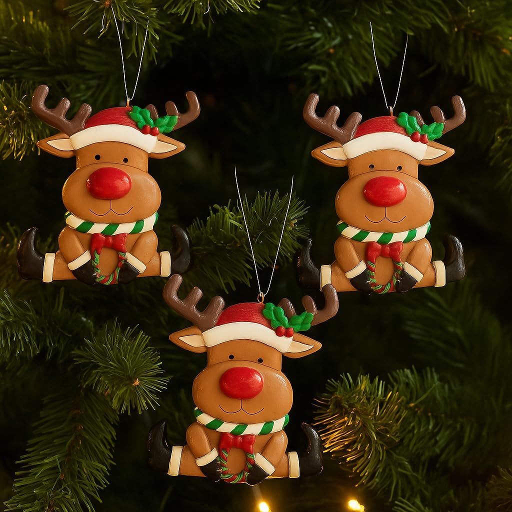 Set of 3 Cute Reindeer Hanging Christmas Tree Ornaments - Hand-Painted Resin Holiday Home Decor & Gift - Durable, Lightweight Xmas Decoration for Family, Friends, Teachers (Deer)