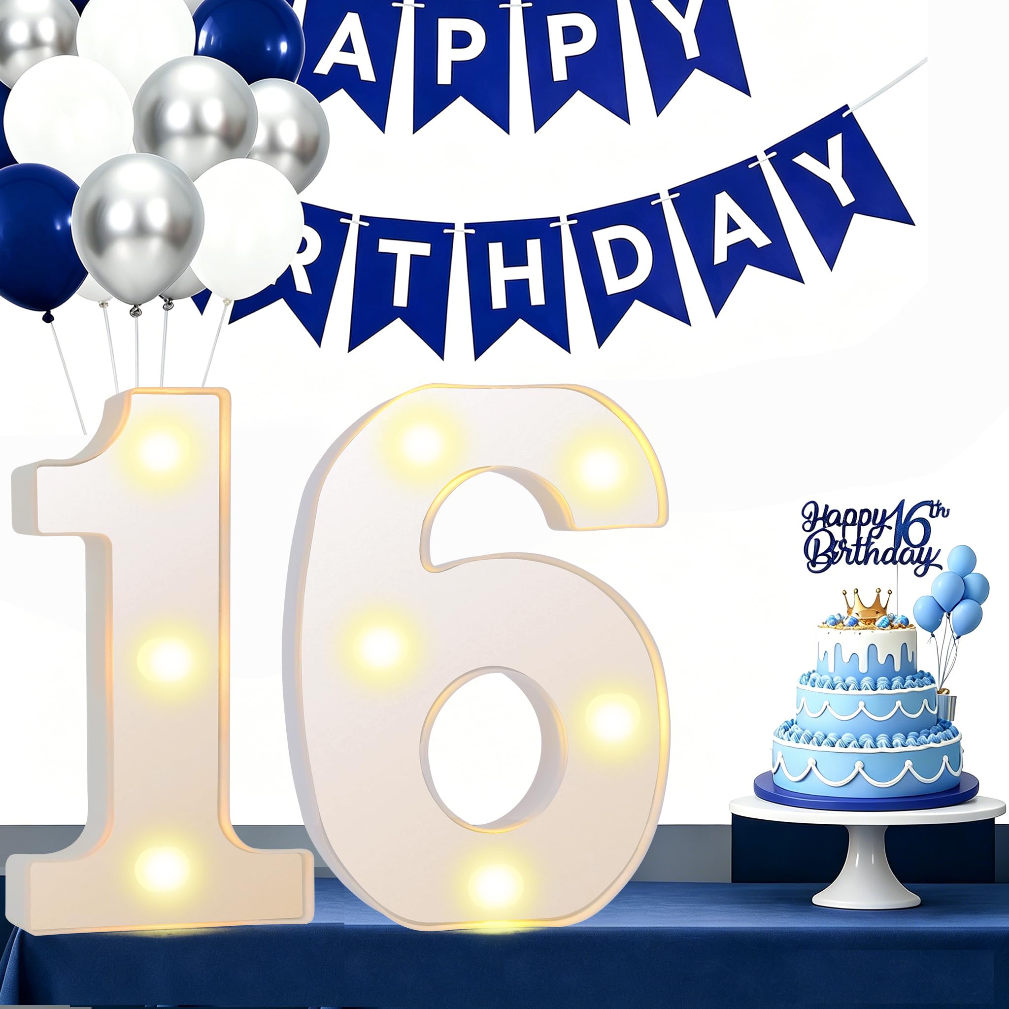 16 Light up Numbers, 16th Birthday Decorations, Light up 16th Birthday Numbers, LED Number Sign with Blue and White Balloon Set, for Wedding Anniversary Grad Home Bedroom (16th)