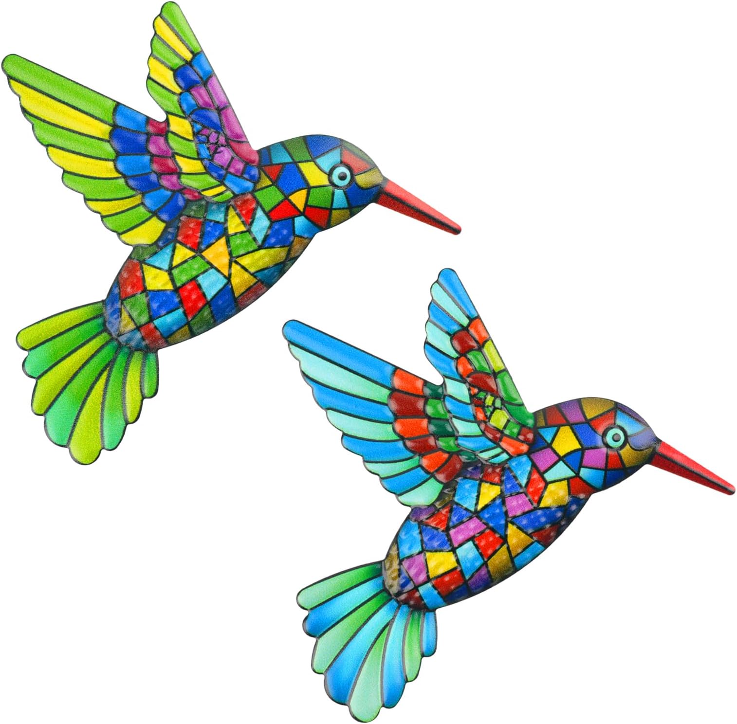 2 Pcs Metal Hummingbird Garden Ornaments Outdoor,Wrought Iron Colorful Hummingbird Wall Decor for Outside Garden Patio Fence Home Bedroom Hanging Decoration