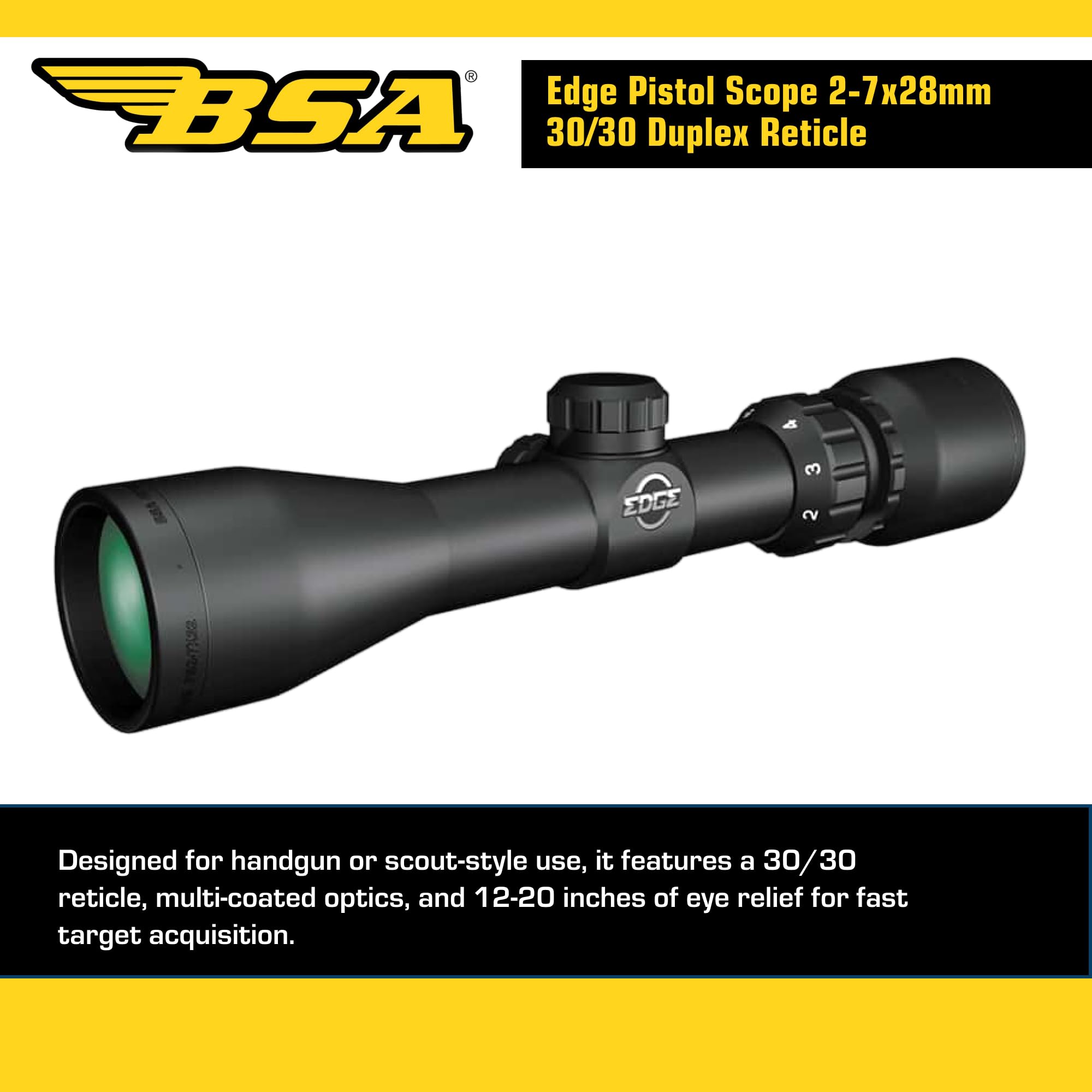 Amazon.com : BSA Optics Edge Pistol Scope 2-7x28mm 30/30 Duplex
