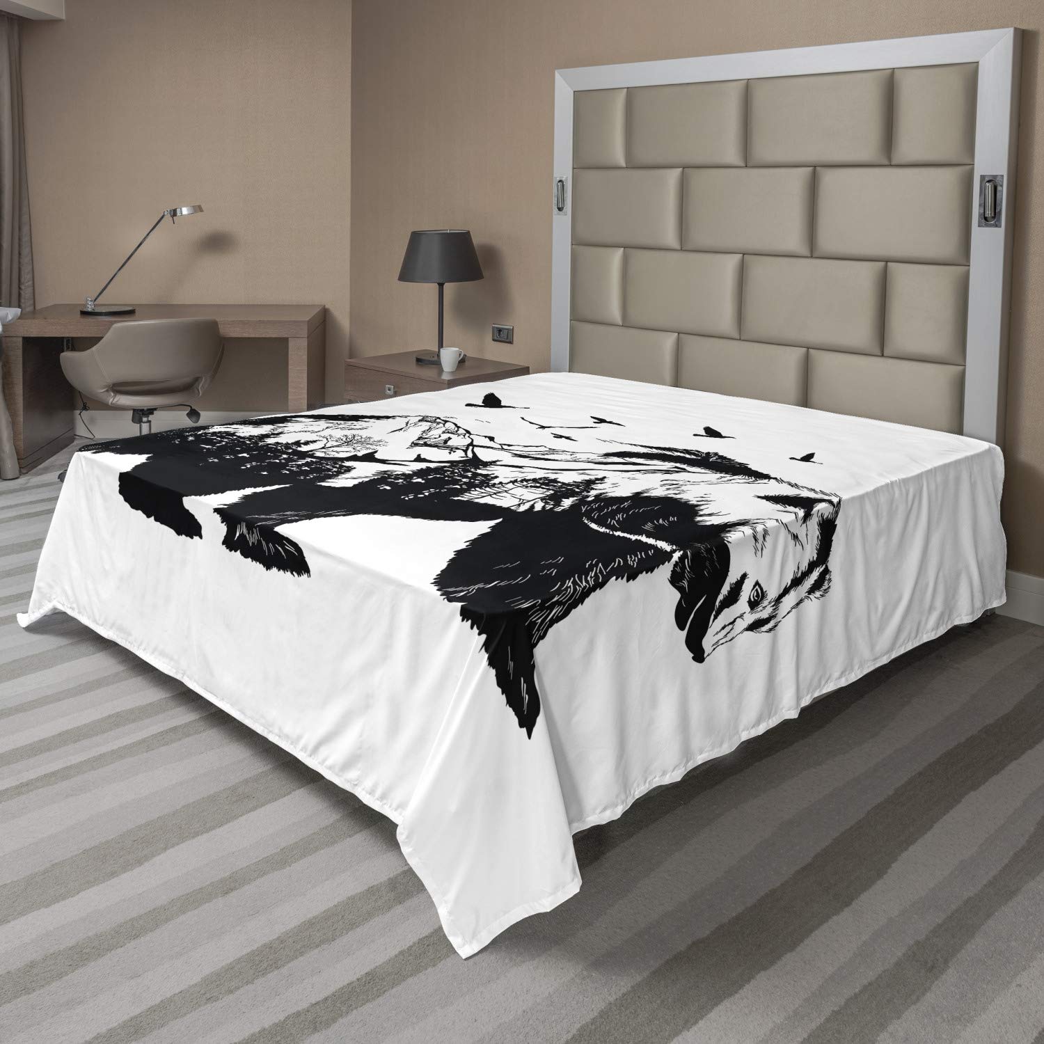 Ambesonne Bear Flat Sheet, Mammal Silhouette Mountain Landscape Flying Birds and Forest Wildlife Design, Soft Comfortable Top Sheet Decorative Bedding 1 Piece, King Size, Black White