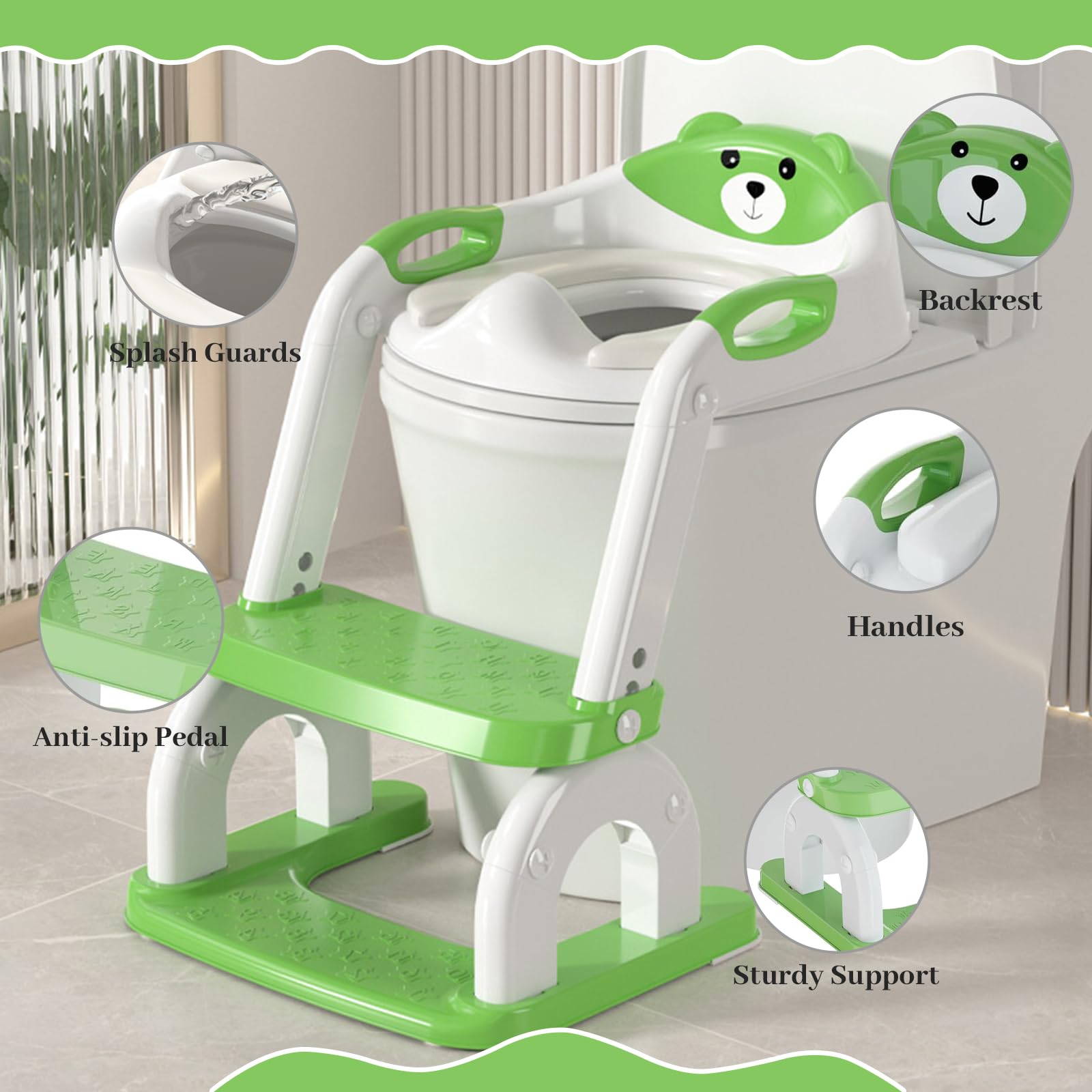 Réducteur Toilette Enfant 2-en-1, Rehausseur WC Pliable Réglable avec Escalier Antidérapant, Coussin PU Confortable, Adapté aux Toilettes V/O/U, Apprentissage Propreté pour Enfants 1-6 Ans (Vert)
