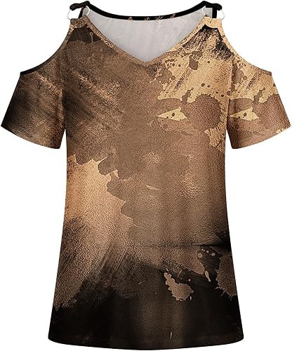 Miniatura 4 de Camisetas de manga corta con hombros descubiertos para mujer, camisetas florales de manga corta y cuello en V, blusas casuales elegantes con cuello