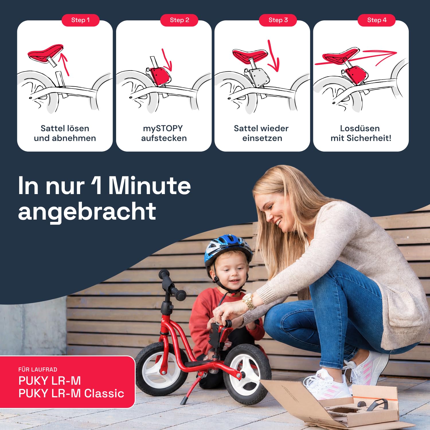 Bremsassistent für PUKY Modell LR M/LR M Classic mit Motiv (Schwarz) I für Kinder ab 2Jahre | integriertes Rücklicht für mehr Sicherheit