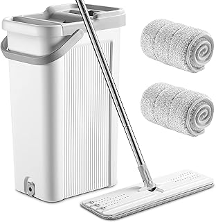 LIVINGbasics Self-Wash and Squeeze Dry Flat Mop and Bucket Set for Floor Cleaning, Floor Mop with 2 Reusable Refills Stainless Steel Handle Household Mop Buckets for Hardwood Tile Laminate Floors