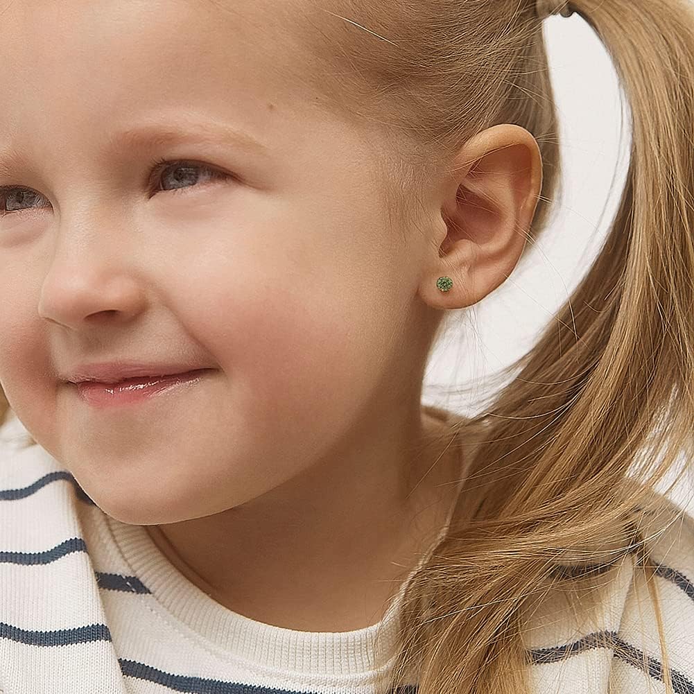 In Season Jewelry Solitaire Round Simulated Birthstone Kids Earrings - 14k Yellow Gold Earrings for Girls with Secure Screw Backs - Safe & Comfortable for Kids & Little Girls
