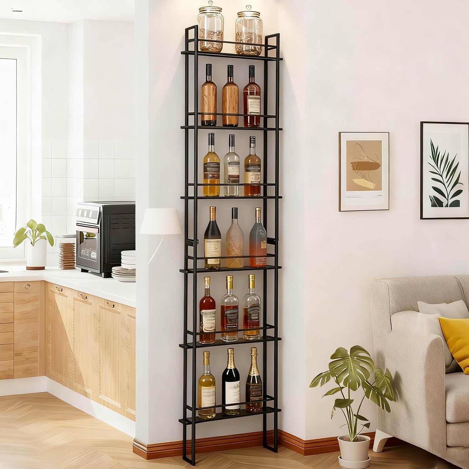 Wall Mounted Wine Rack - 6-Tier Black Industrial Liquor Bottle Display Shelf for Home Bar Kitchen Dining Room & Wine Cellar Storage Solutions