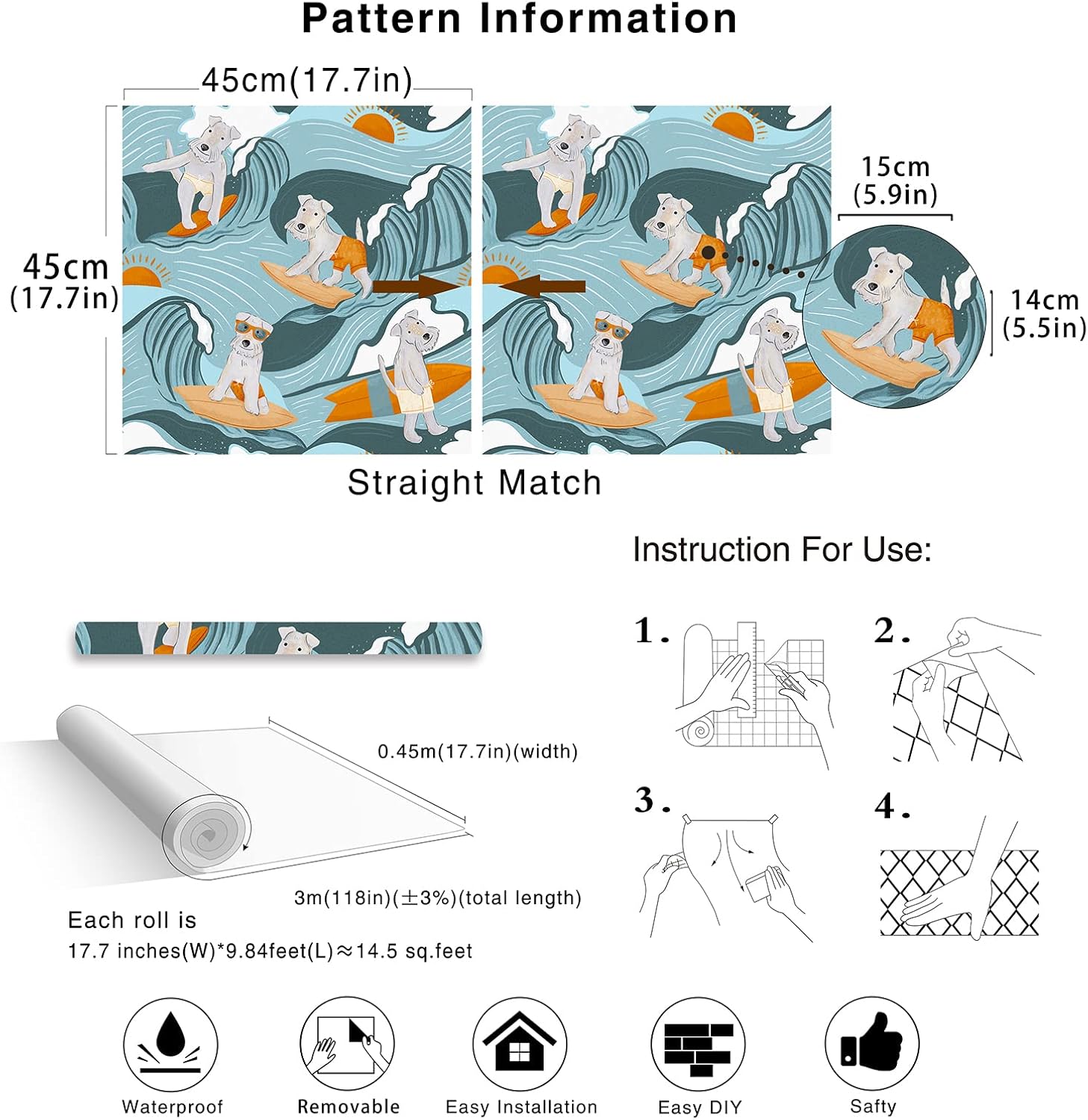 HAOKHOME Dog Wallpaper Stick and Peel Wave Removable Wall Paper Blue/Orange Vinyl Stick on Wall Mural Decor 17.7in x 9.8ft