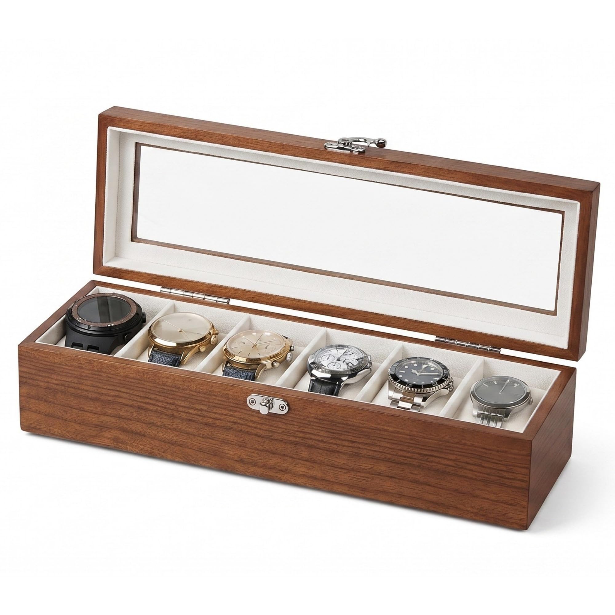 Watch Box, Watch Case for Men Women with Large Glass Lid, Wooden Watch Display Storage Box with 6 - Slots, Rustic Brown Mens Watch Box Organizer
