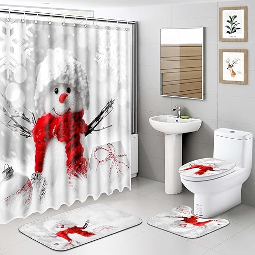 Miniatura 1 de Christmas Shower Curtain Sets with Non-Slip Rugs and Toilet Lid Cover,Xmas Winter Snowman Bath for Bathroom 4 Piece Set with 12 Hooks, Waterproof