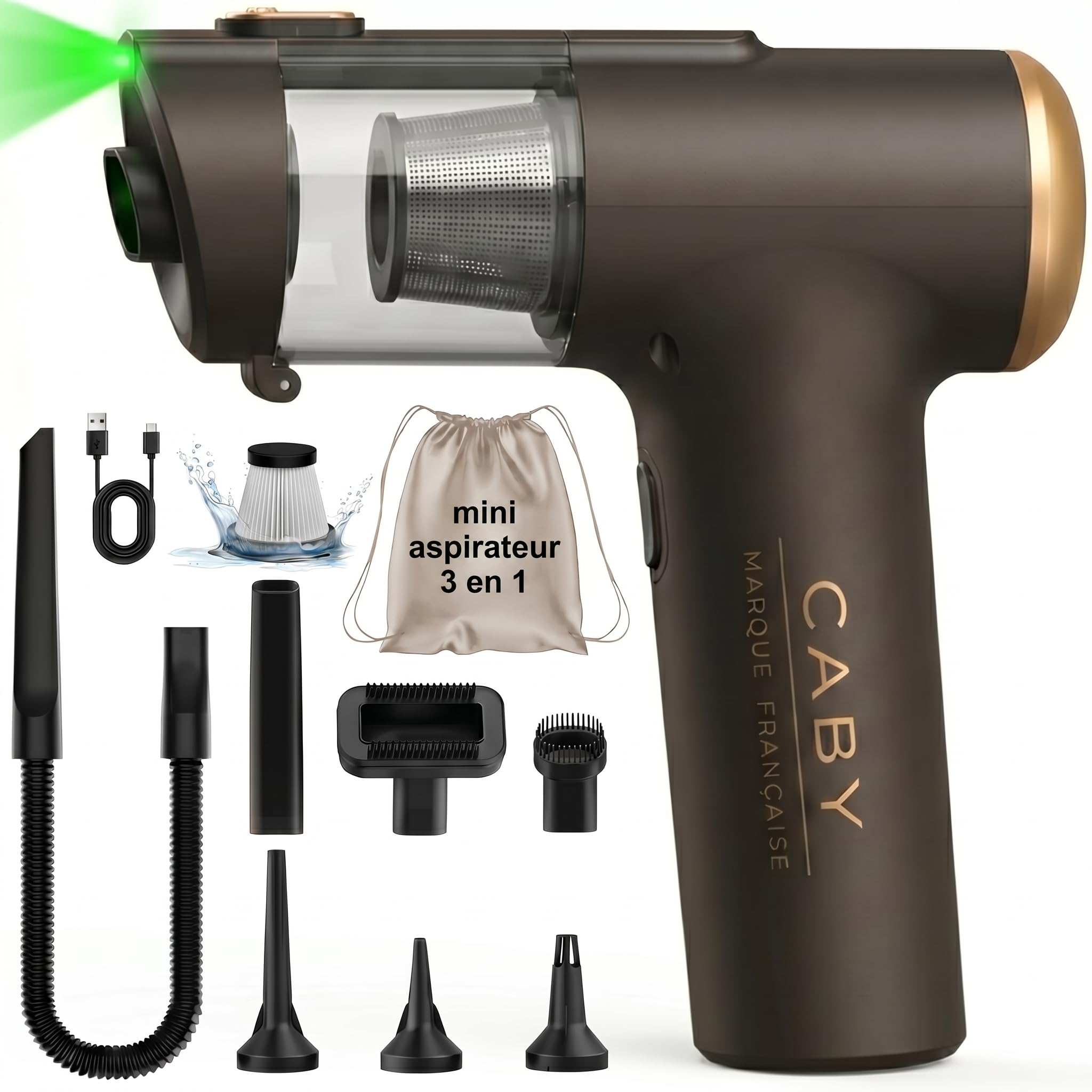 CABY Mini Aspirateur sans Fil Puissant 3 en 1 Mini Souffleur sans Fil et Gonfleur - Aspirateur Voiture avec Détecteur de Poussières 28000PA - Accessoire Voiture/Maison et Cuisine