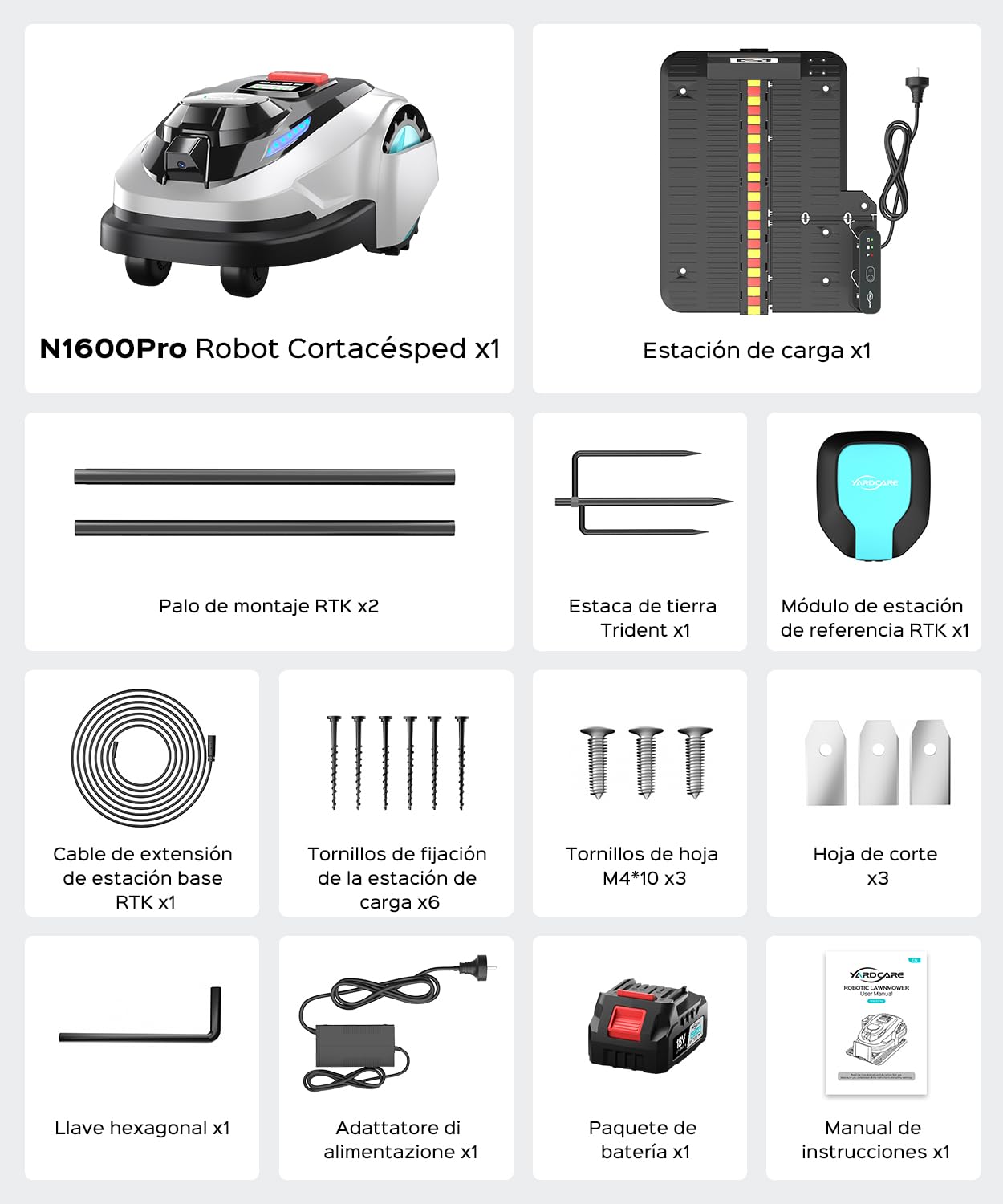 (2026 Upgrade) YARDCARE N1600 Pro Robot cortacésped sin Cable perimetral, Recomendado para 1600 m² – con Corte en U, RTK & visión IA, Control Mediante App, gestión multizona y Pendientes hasta 45%
