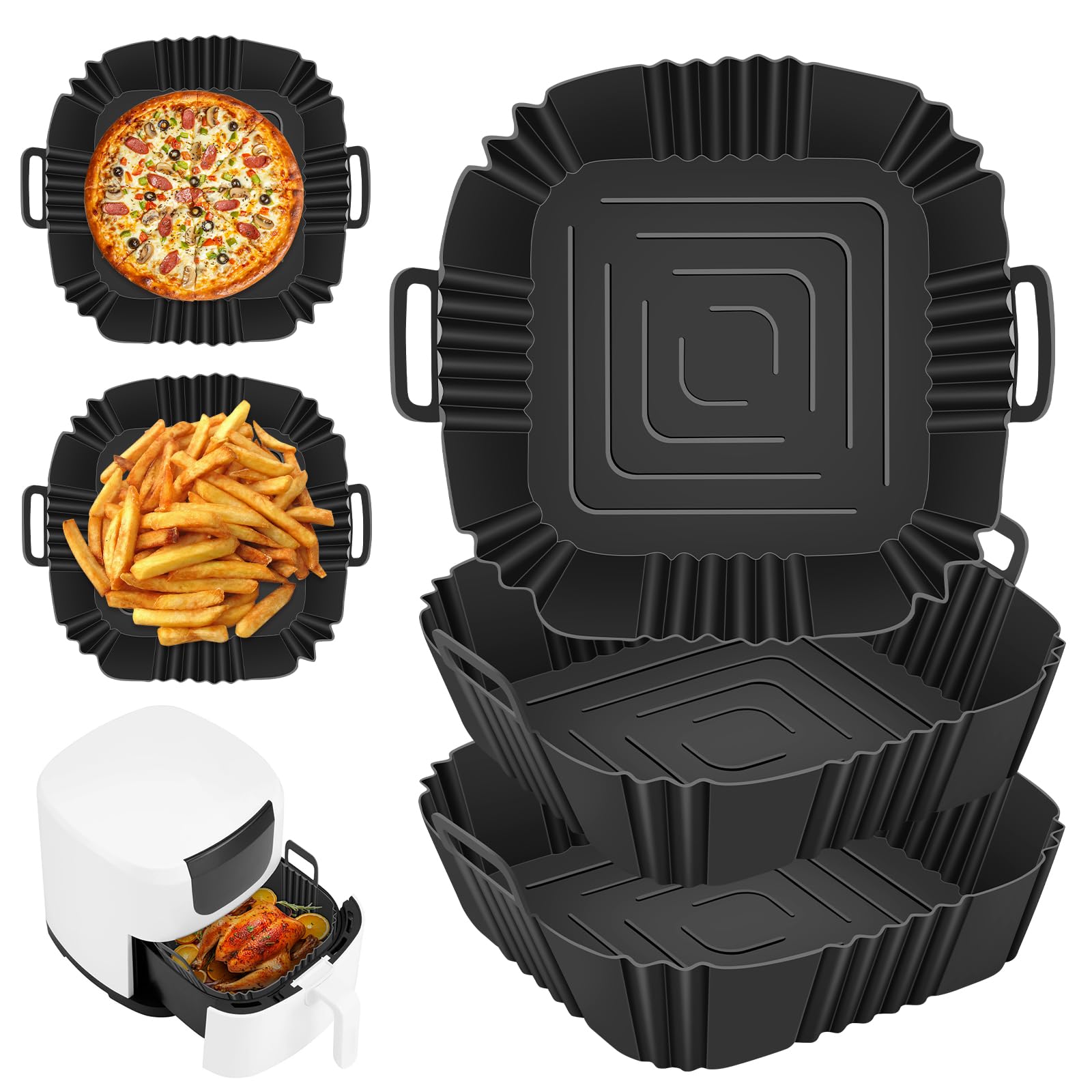 3 Piezas Molde Silicona Freidora de Aire,Bandeja Accesorios para Freidora sin Aceite,Molde Silicona Freidora de Aire Sin Aceite,Recipientes Cuadrado Cesta Utensilios para Microondas,Horno-Negro