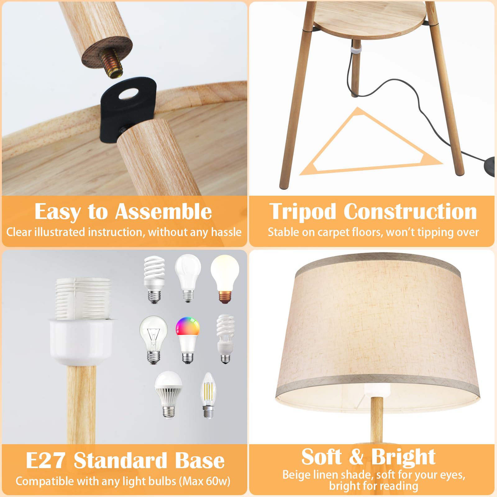 Lampadaire LED en Bois Réglable avec Télécommande, 3 Tons, Minuterie 1H, Interrupteur Pied