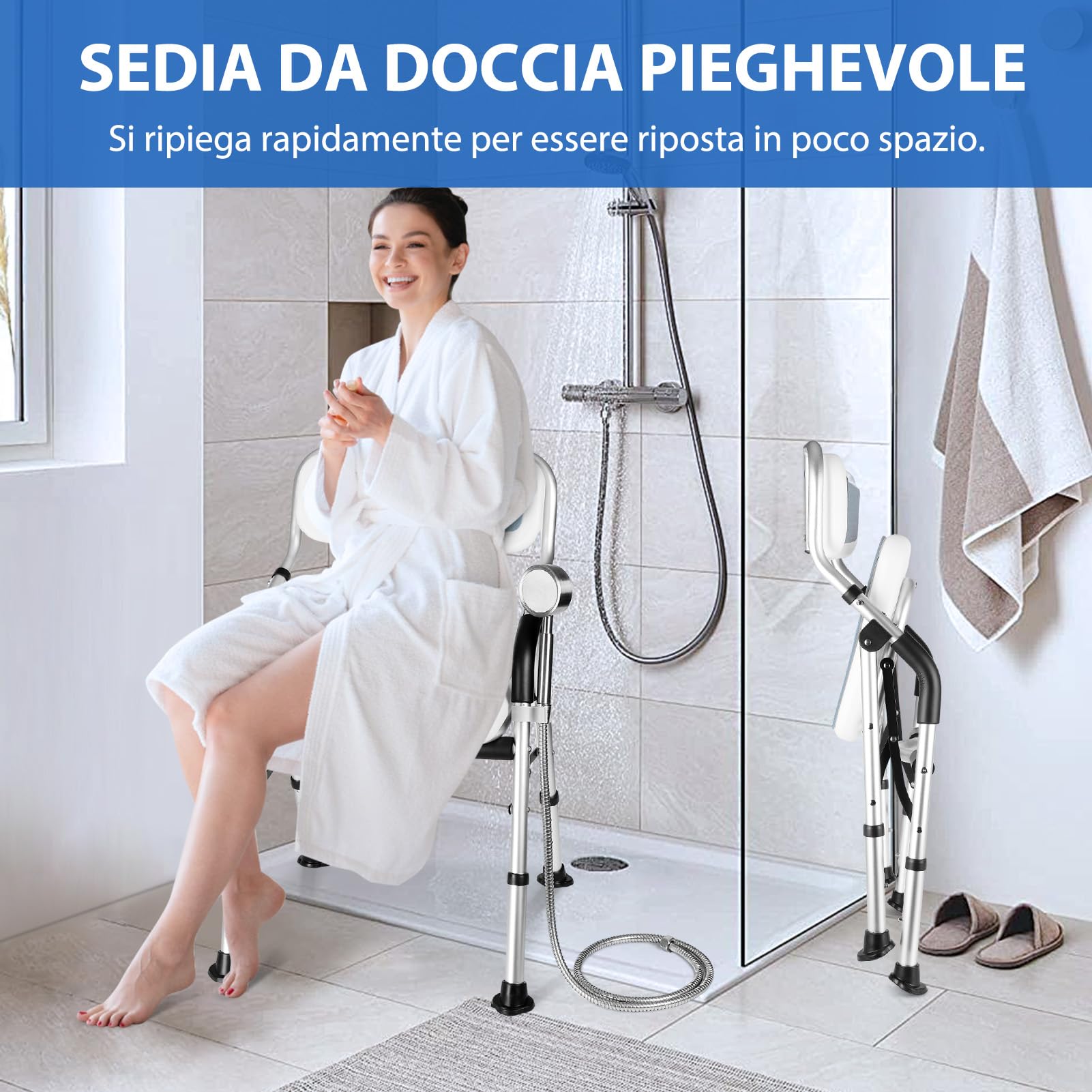 DEWEL Sedia per Doccia Anziani Pieghevole, con Schienale, Regolabile in Altezza, Antiscivolo, con Staffa per Doccia, Installazione Aenza Attrezzi, Sedia per Doccia Anziani, Portata di 150 Kg (Grigio)