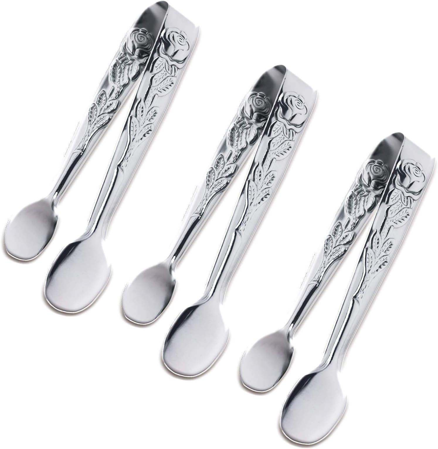 Sunenlyst 3PCS Mini Serving Tongs, 4Inch Rose Stainless Steel Sugar Cube Tongs, Sliver Small Ice Tongs for Tea and Coffee Party, Appetizers, Desserts by (Silver)