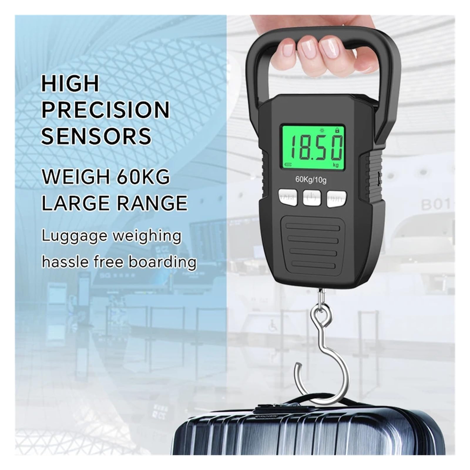 Báscula Colgante Digital LCD Negra De 60kg/10g Báscula De Gancho De Grúa Recargable Por USB Portátil Equipaje De Mensajería Herramientas De Equilibrio De Pesaje For El Hogar