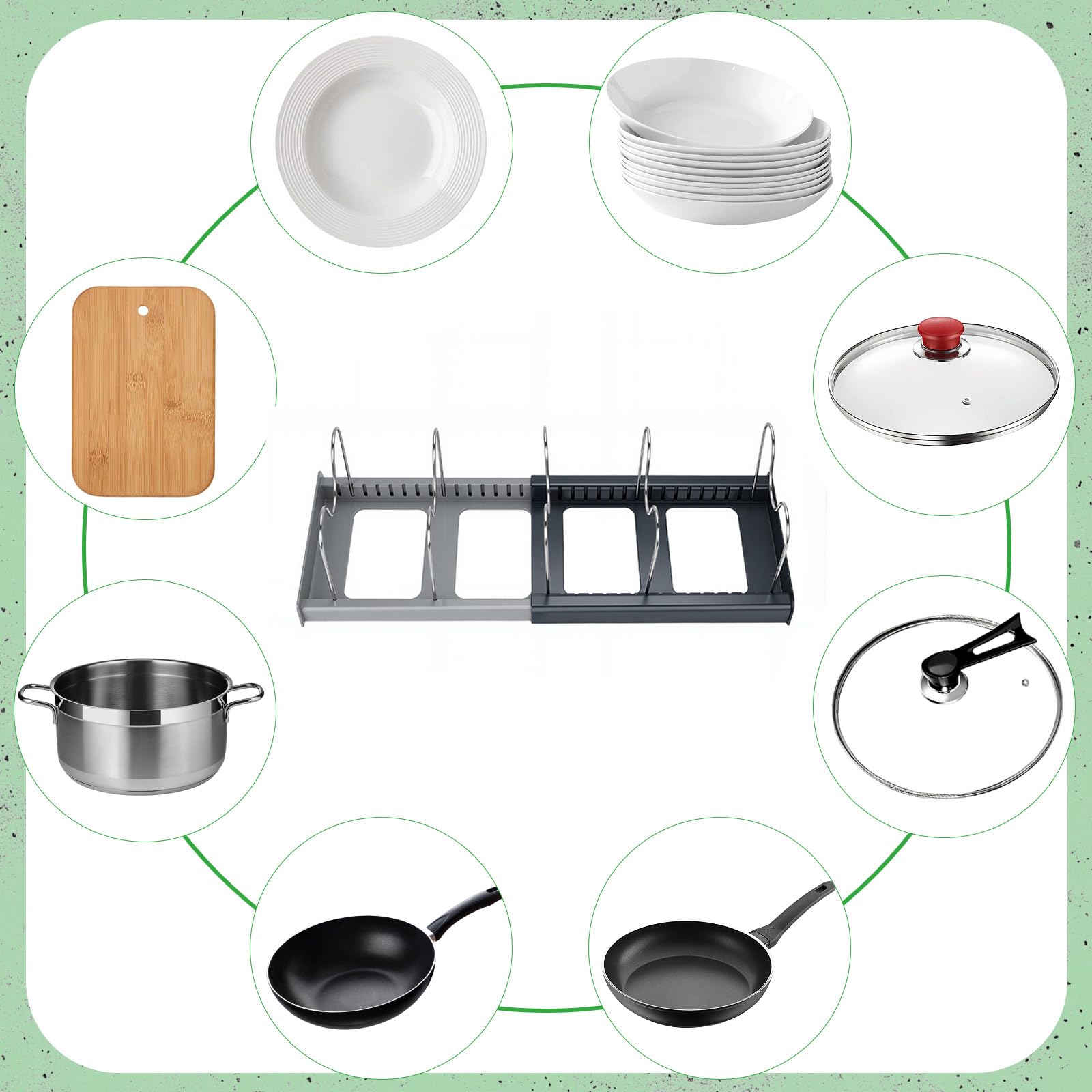Porta Coperchi Pentole, Organizer Padelle, con 10 Scomparti Regolabili, Stendibile, Allungabile, Antiscivolo, ABS + Acciaio Inossidabile Spesso, per utensili da Cucina, Pentole, Coperchi