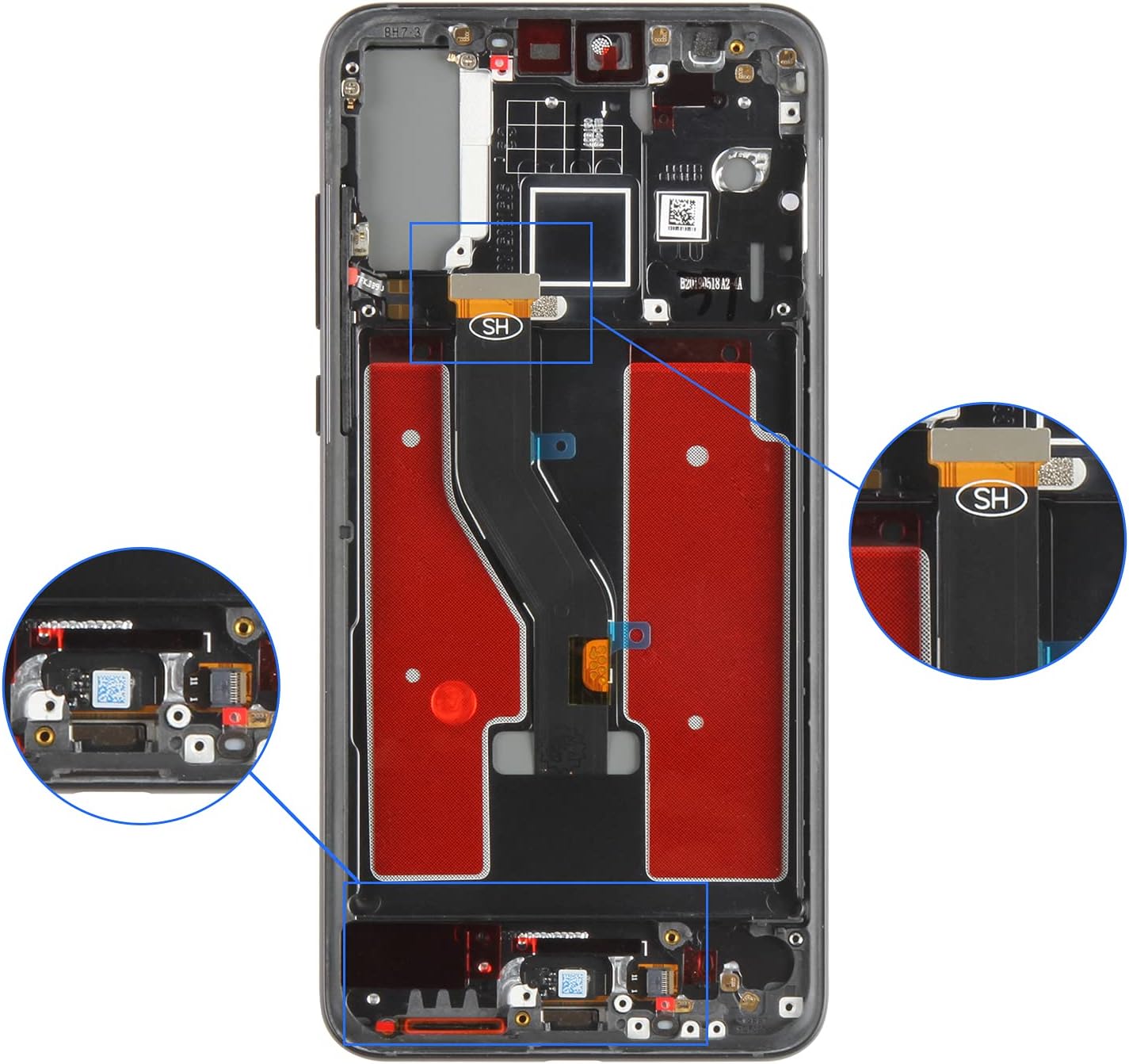Image showing the internal structure of the phone frame with highlighted connection points for the screen and other components.