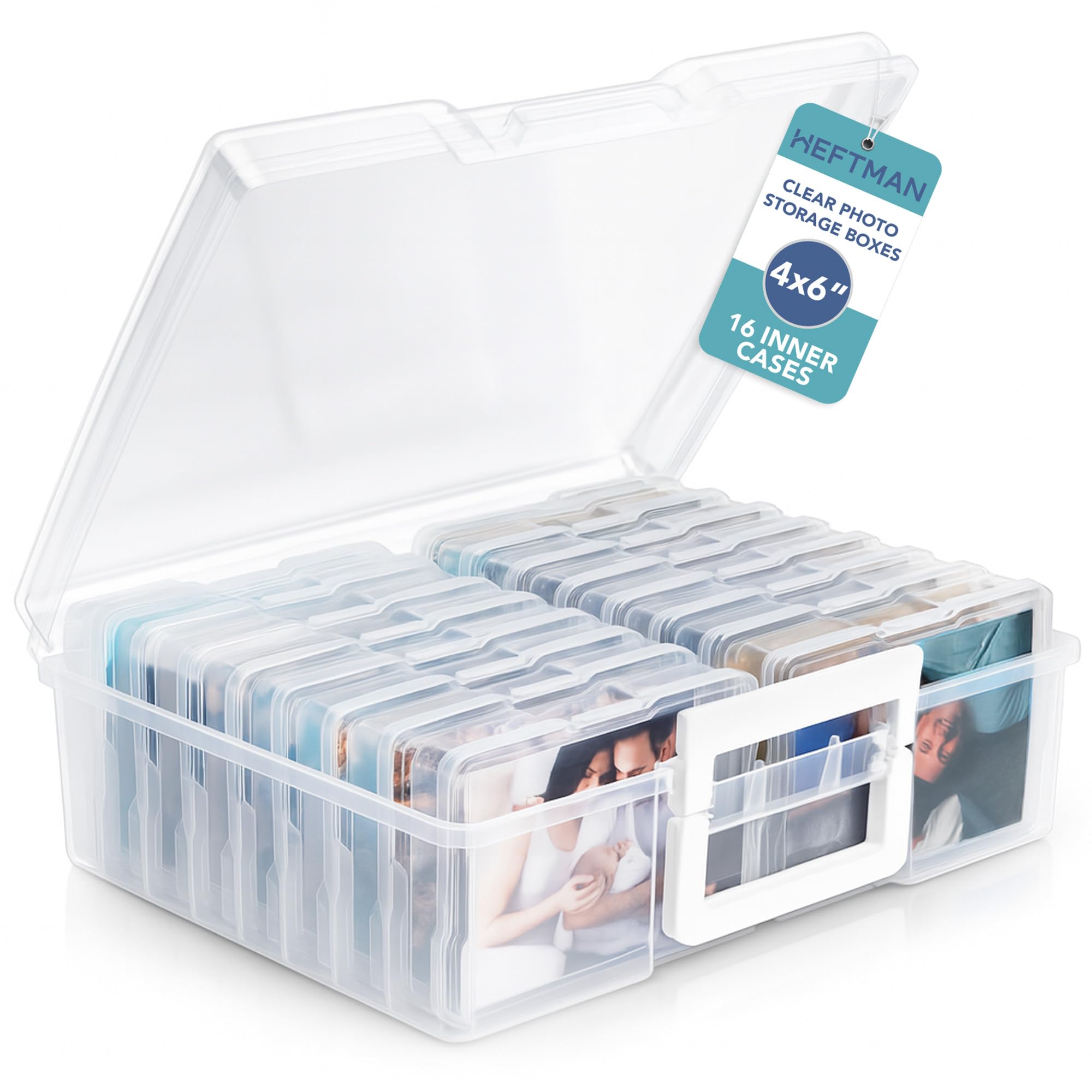 HEFTMAN Boîtes de Rangement pour Photos (4" x 6") | Boîte de Rangement Transparente avec 16 Étuis Intérieurs pour Photos - Peut Contenir 1600 Photos