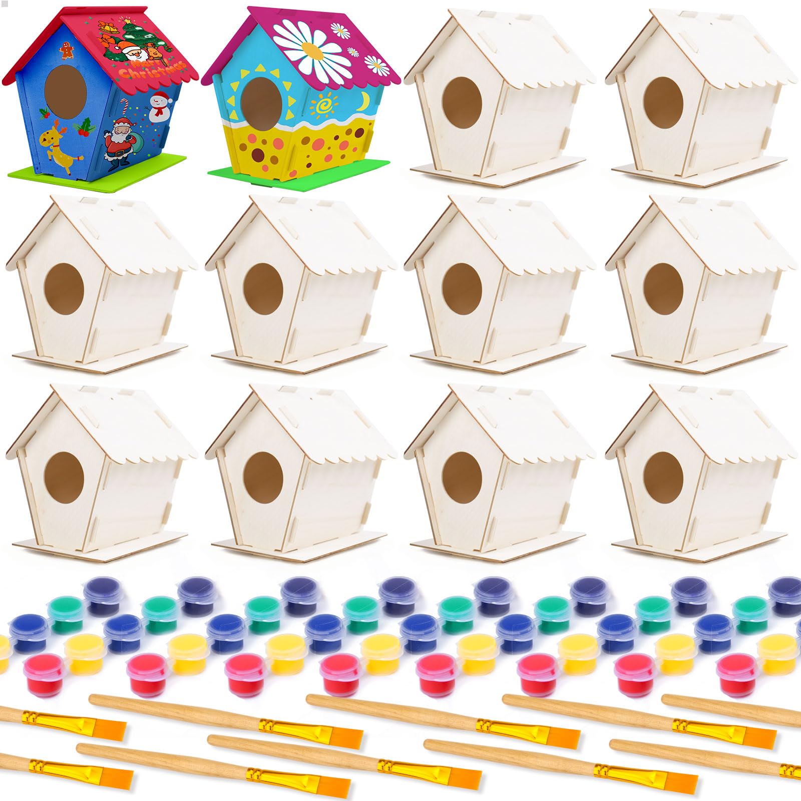 hapray 12 Pack DIY Bird House Kit, Crafts for Children to Build and Paint Birdhouse (Includes Paints & Brushes) Wooden Arts Crafts for Kids Girls Boys Toddlers Gifts Halloween Christmas