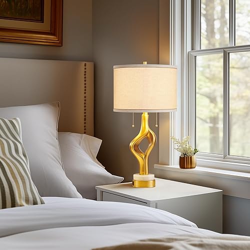 Miniatura 3 de Juego de 2 lámparas de mesa modernas de 26 pulgadas para sala de estar, dormitorio, lámpara de mesa escultórica dorada con 2 puertos USB, lámparas