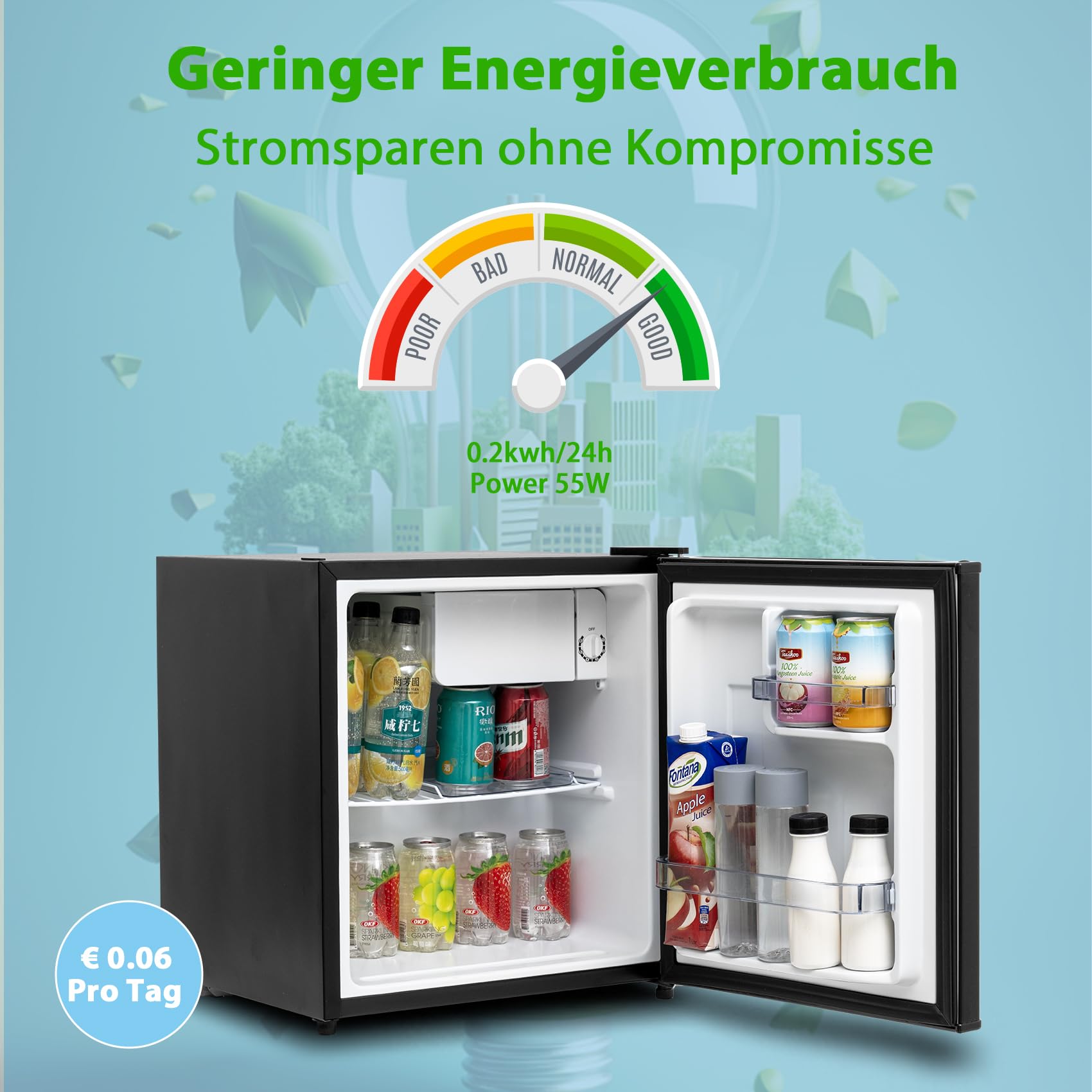 Kühlschrank 45L, Mini Kühlschrank Leise, Schwarz Kühlschrank Klein 39dB, Minikühlschrank mit Umkehrbare Tür 220-240V, Minibar für Zimmer, Hotel,Büro,Küche,Wohnungen