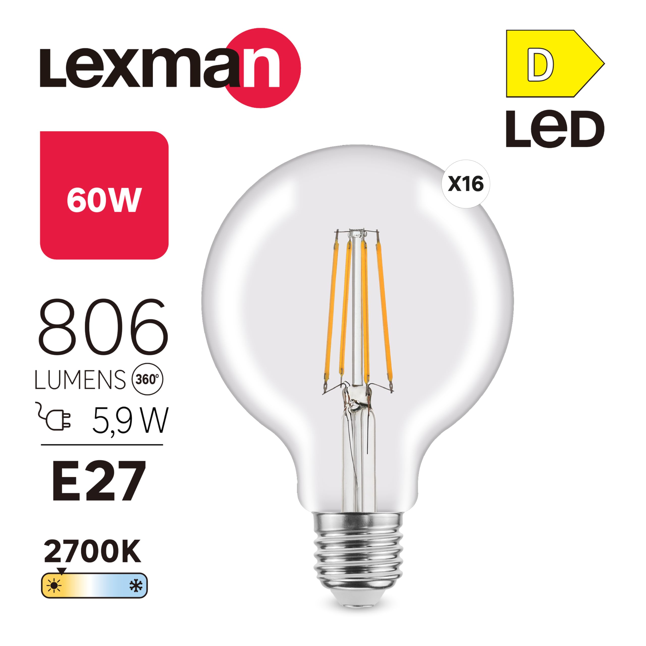 LEXMAN - 16er-Set LED-Lampen - 16 x LED Glühbirnen E27-806 LM - 5,9W entsprechend 60W - Ø 95 mm - 2700K - Warmweiß