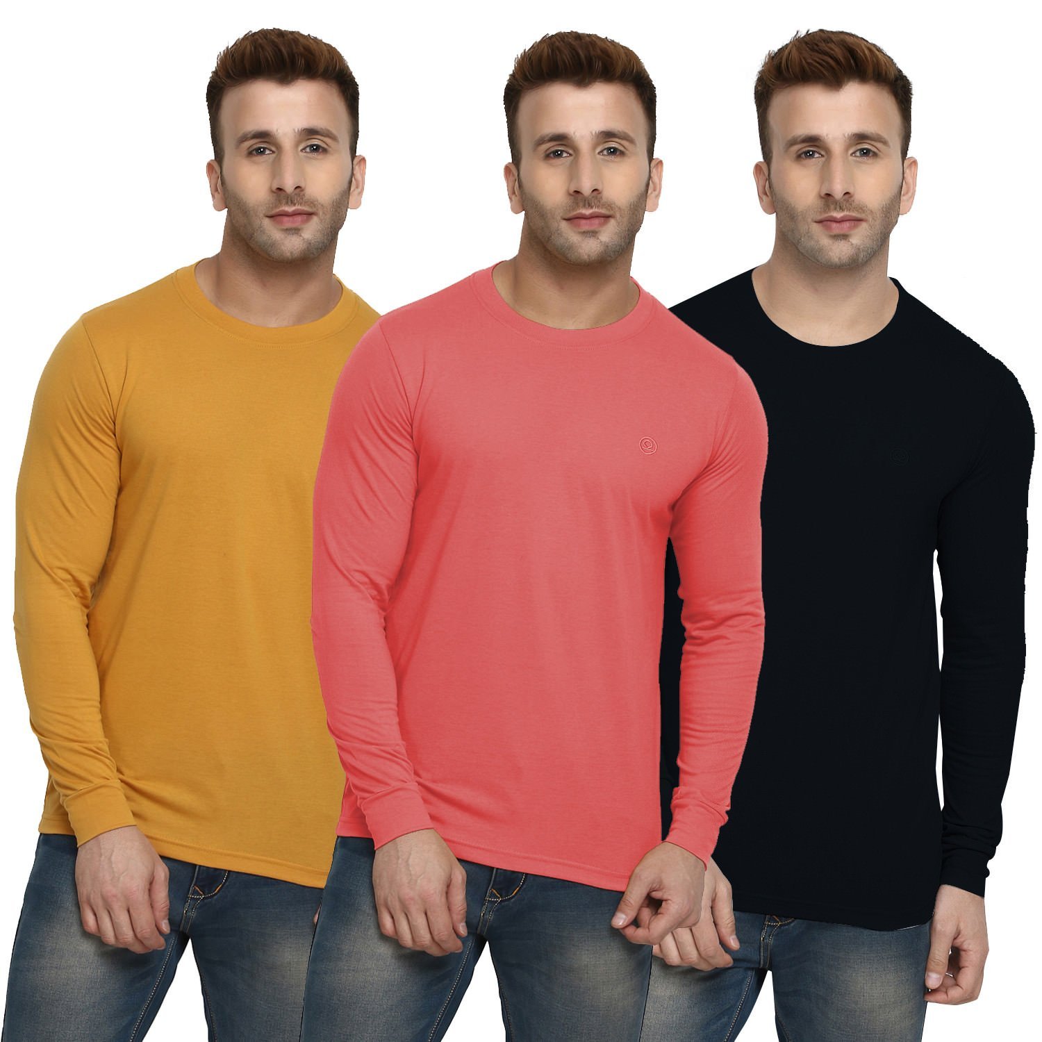 CHKOKKO Men's Cotton Regular Fit Round Neck Full Sleeve Tshirt Combo Pack of 3 Mustard Peach Navy Size S