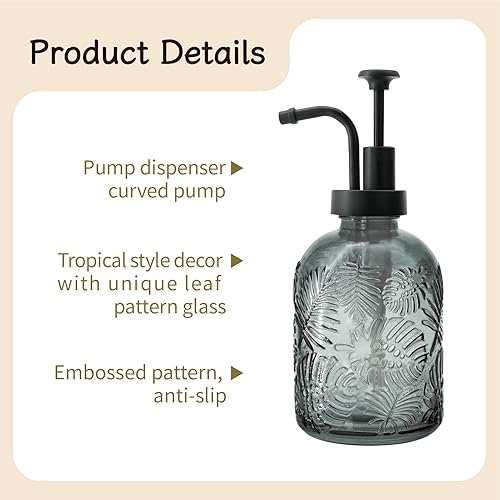 Miniatura 4 de Dispensador de jabón de vidrio con bomba, patrón de hojas tropicales vintage de 12 onzas, vidrio grueso y plástico, accesorio de baño o cocina de