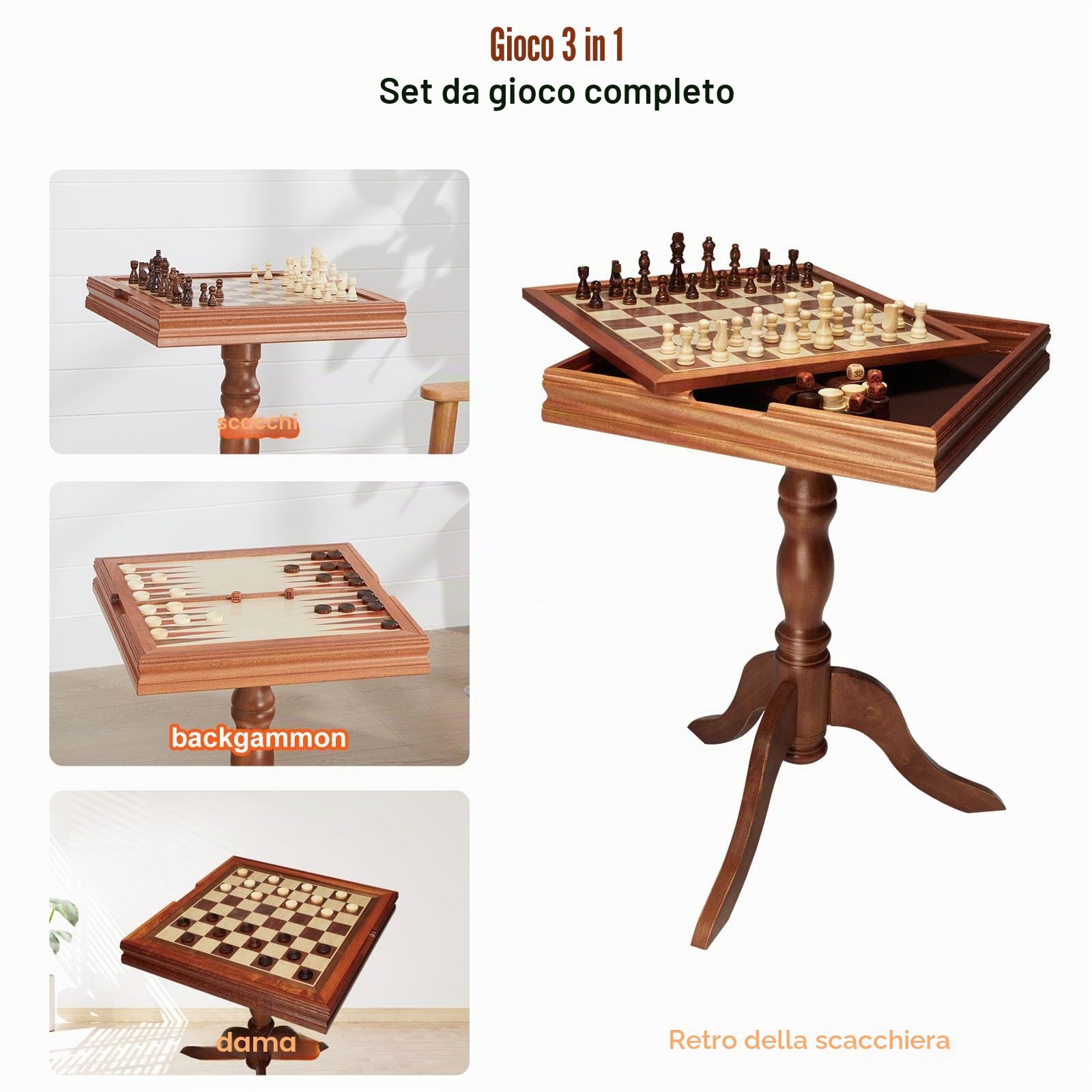 VEVOR Set da tavolo per backgammon dama 3 in 1, tavolo da scacchi in legno premium da 18 pollici, set di mobili da tavolo da gioco combinato deluxe, set di scacchi regalo per giochi da tavolo