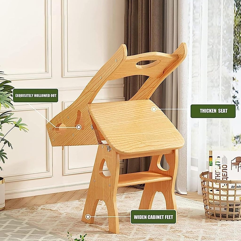 4 Step Wooden Folding Library Ladder Chair with Seat, Lightweight Portable Ladder Shelf, Multifunctional Step Stool, Stepladders Display Stand for Office Home Kitchen (Color : Natural)