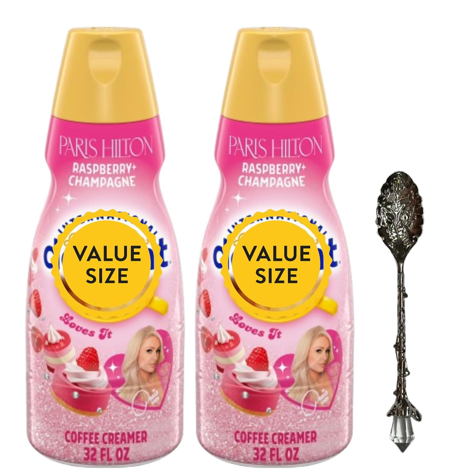Non-Dairy Liquid Coffee Creamer 32 fl oz (Pack of 2) Bottles of Creamy Smooth Coffee Creamer with Candy Freezer Gem Spoon (Hilton Paris Raspberry Champagne) Gem Spoon