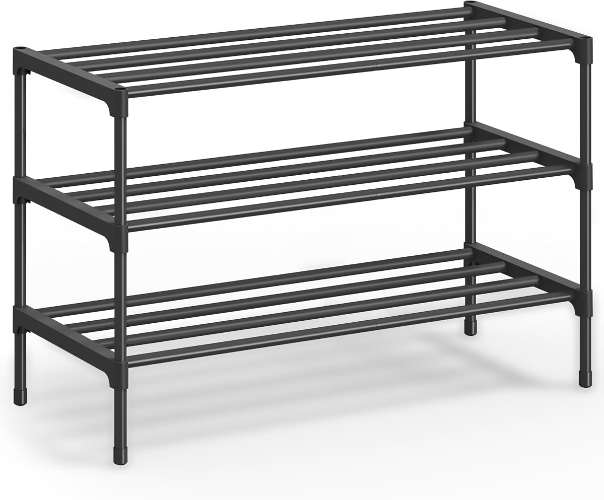 3-Tier Shoe Rack, Stackable Compact Metal Shoe Storage Organizer | for Closet, Entryway, Bedroom, and Small Spaces, 11.8 x 24.5 x 19.1 Inches, Ink Black, DEKY Collection ULSA123BH01