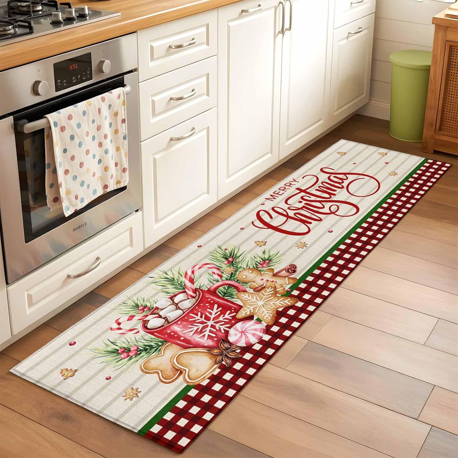 Merry Christmas Runner Rugs 2x6 ft Hot Cocoa Gingerbread Man Vintage Plaid Washable Hallway Rugs Non-Slip Floor Mats Absorbent Carpet Bedside Runners for Bedroom Kitchen Bathroom Laundry Room