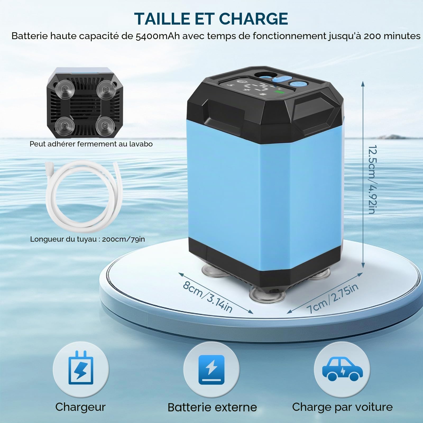 Douche de camping portable - Batterie avec pompe - Fonction stérilisation - 5400 mAh - Rechargeable - Avec pommeau de douche et tuyau de 2 m - Affichage de la température et de la puissance - Pour